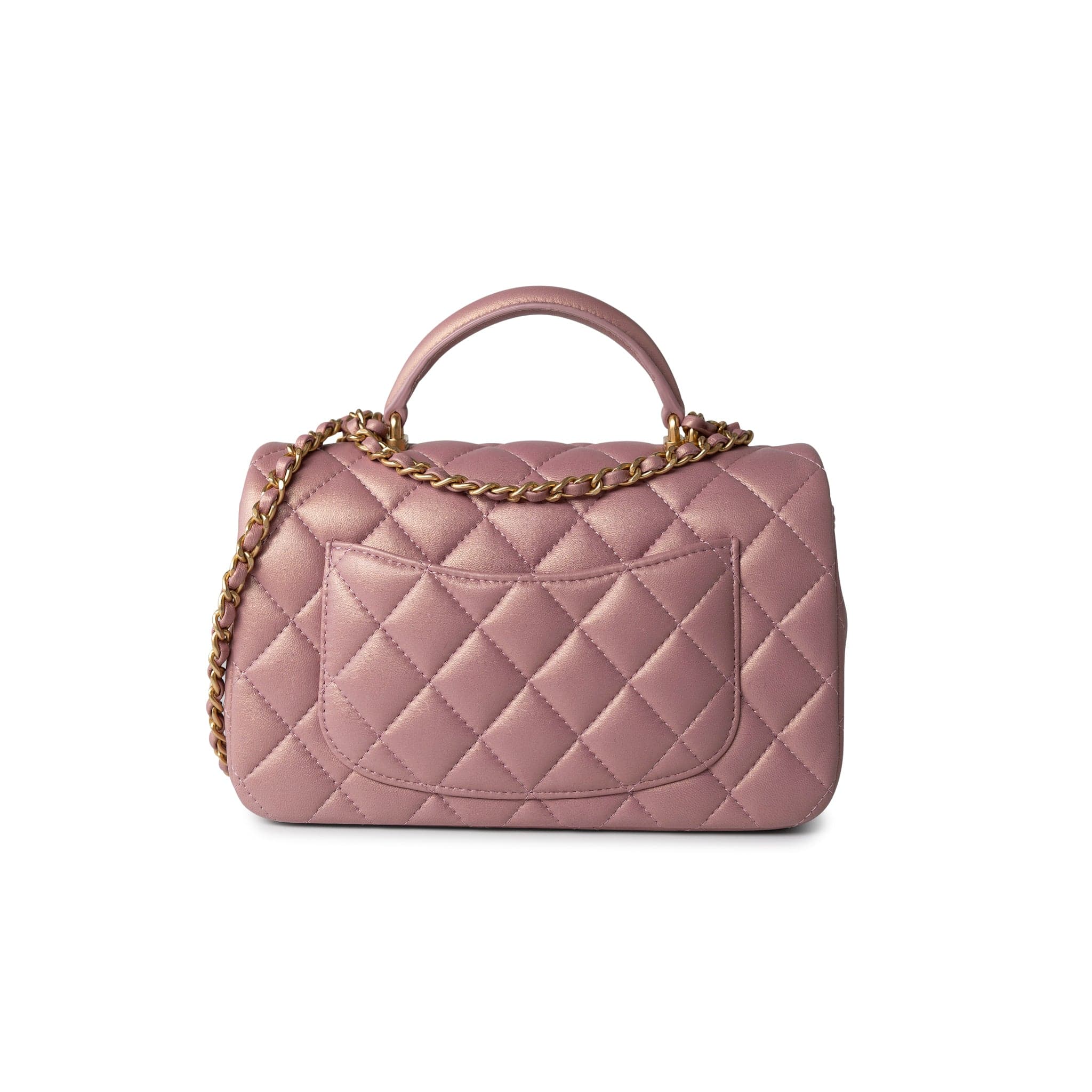 CHANEL Handbag 21S Iridescent Pink/ Rose Lambskin Quilted Mini Top Handle Antique Gold Hardware -Knockoff
