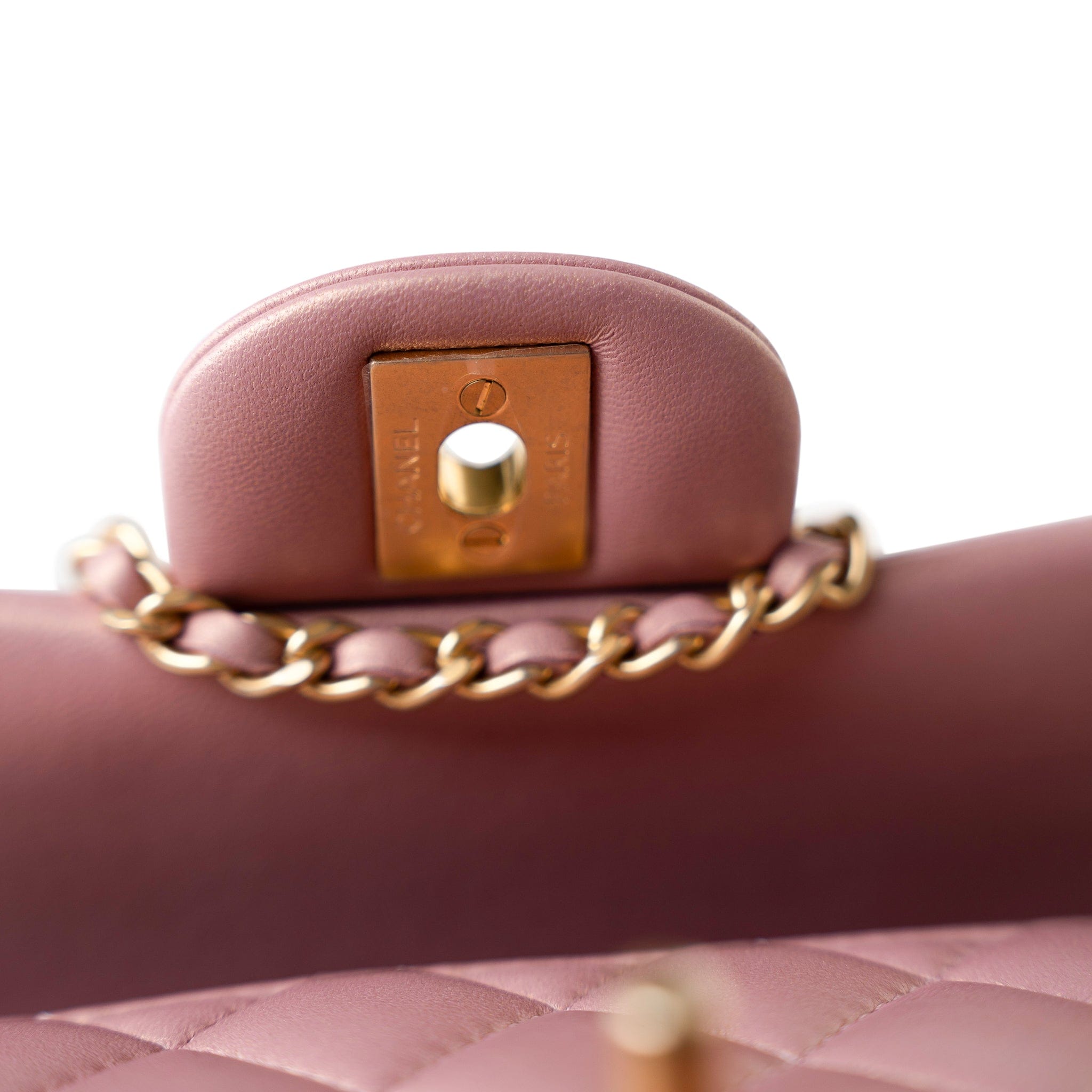 CHANEL Handbag 21S Iridescent Pink/ Rose Lambskin Quilted Mini Top Handle Antique Gold Hardware -Knockoff
