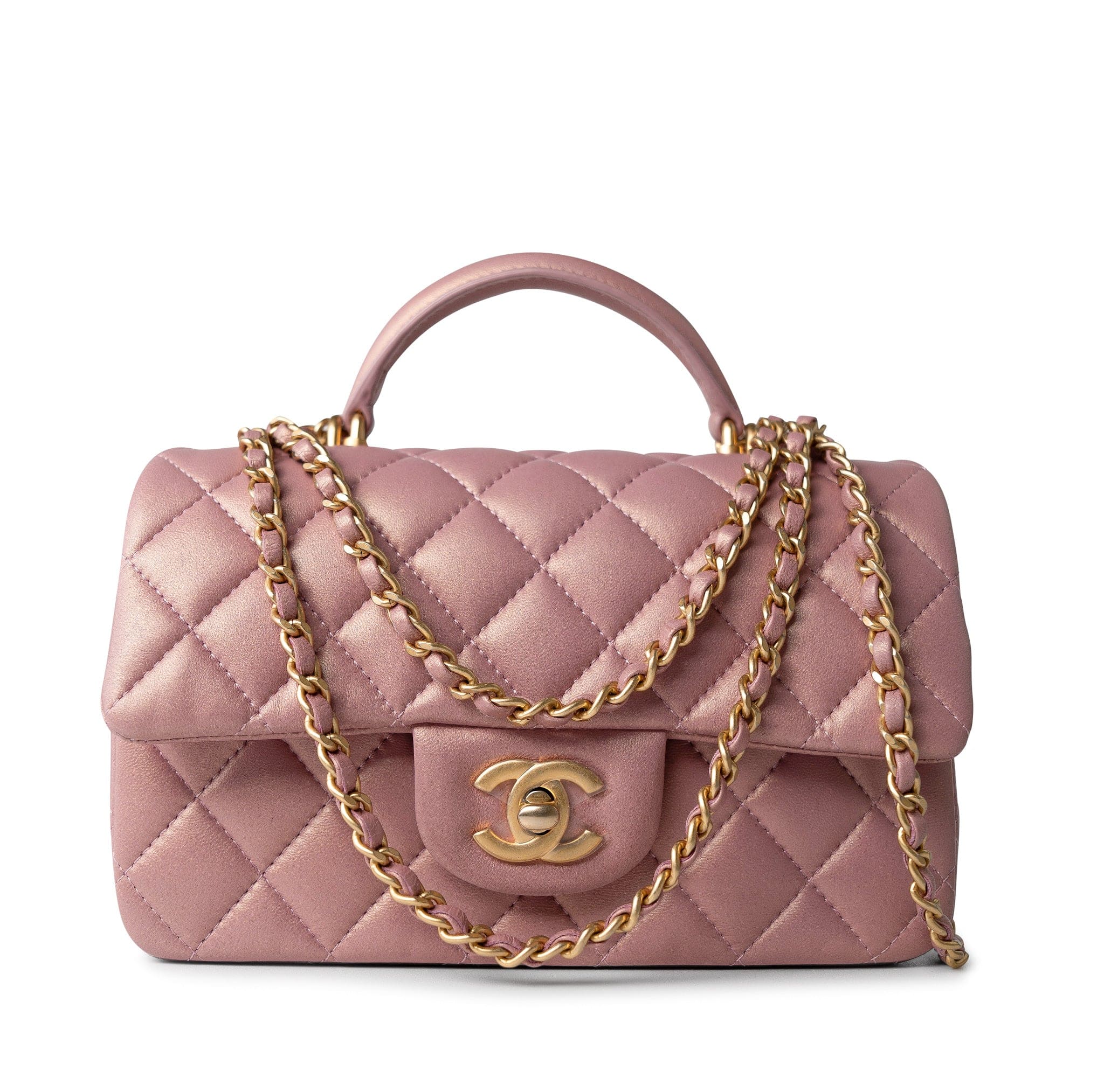 CHANEL Handbag 21S Iridescent Pink/ Rose Lambskin Quilted Mini Top Handle Antique Gold Hardware -Knockoff
