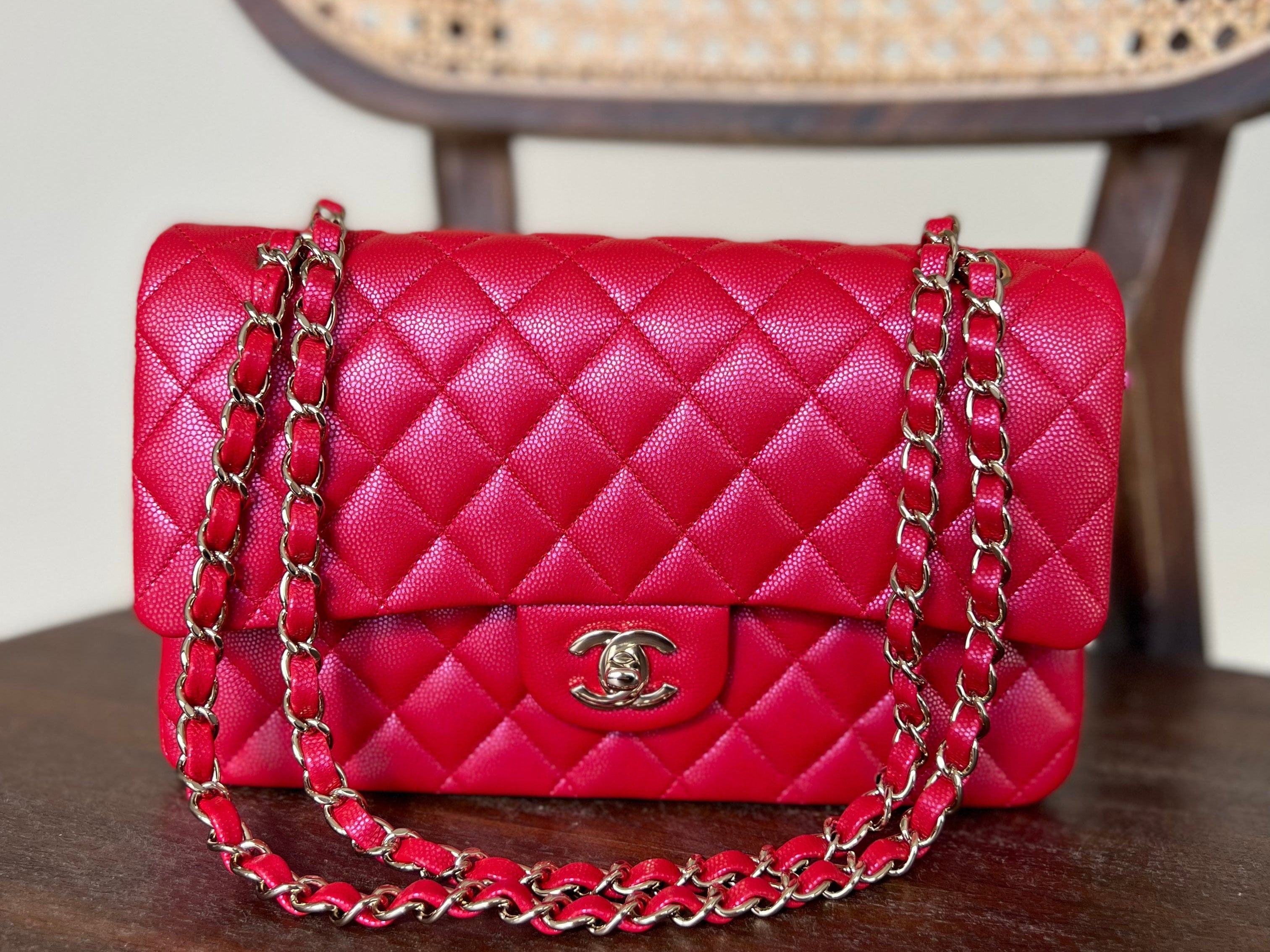 Chanel Handbag 21S Red Iridescent Caviar Quilted Classic Flap Medium -Knockoff
