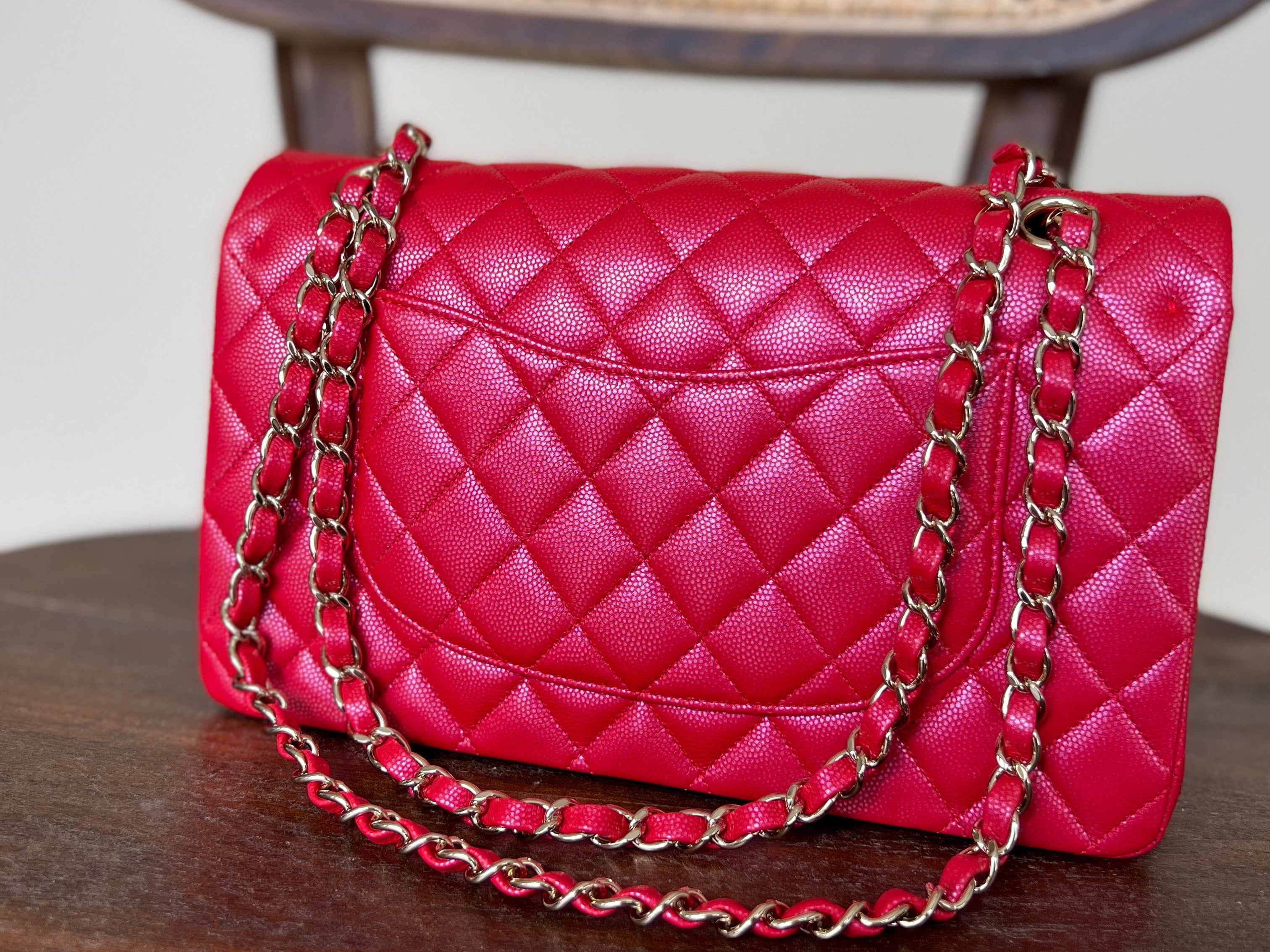 Chanel Handbag 21S Red Iridescent Caviar Quilted Classic Flap Medium -Knockoff
