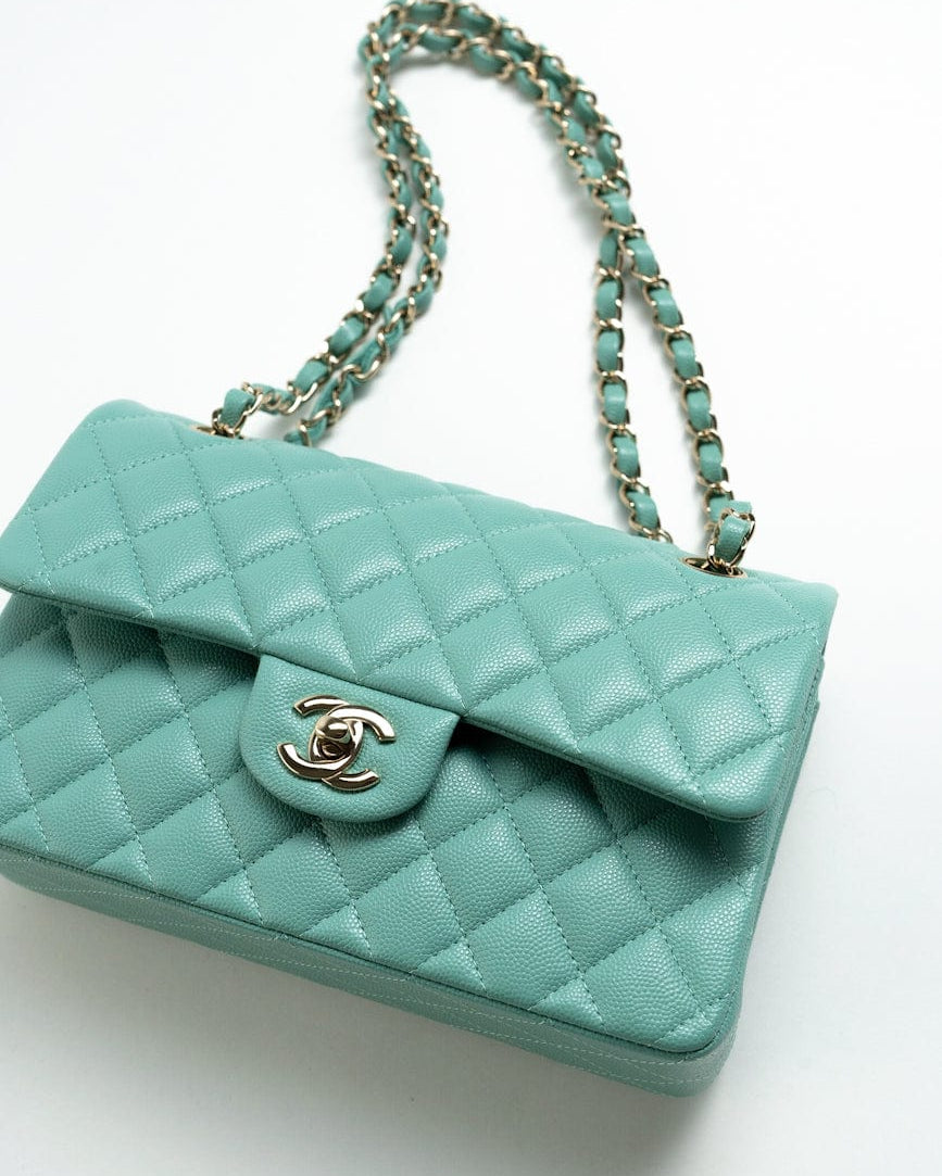 CHANEL Handbag 21S Tiffany Blue Caviar Quilted Classic Flap Small SHW -Knockoff
