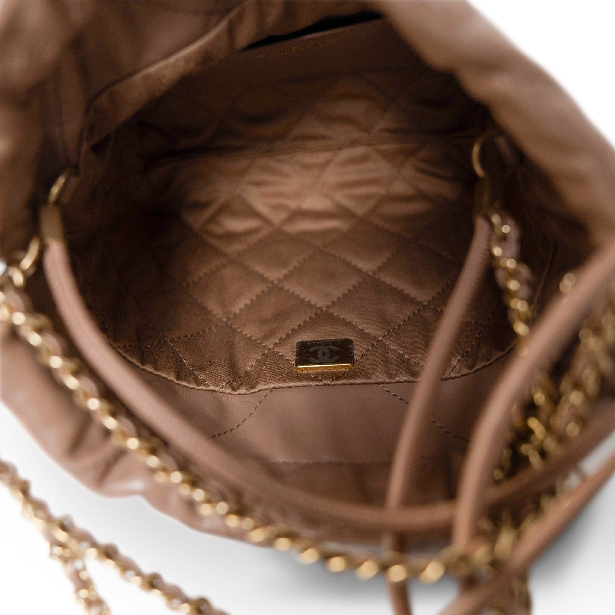 CHANEL Handbag 22 / Beige Dark Beige Calfskin Quilted Mini 22 Hobo Bag Antique Gold Hardware -Knockoff
