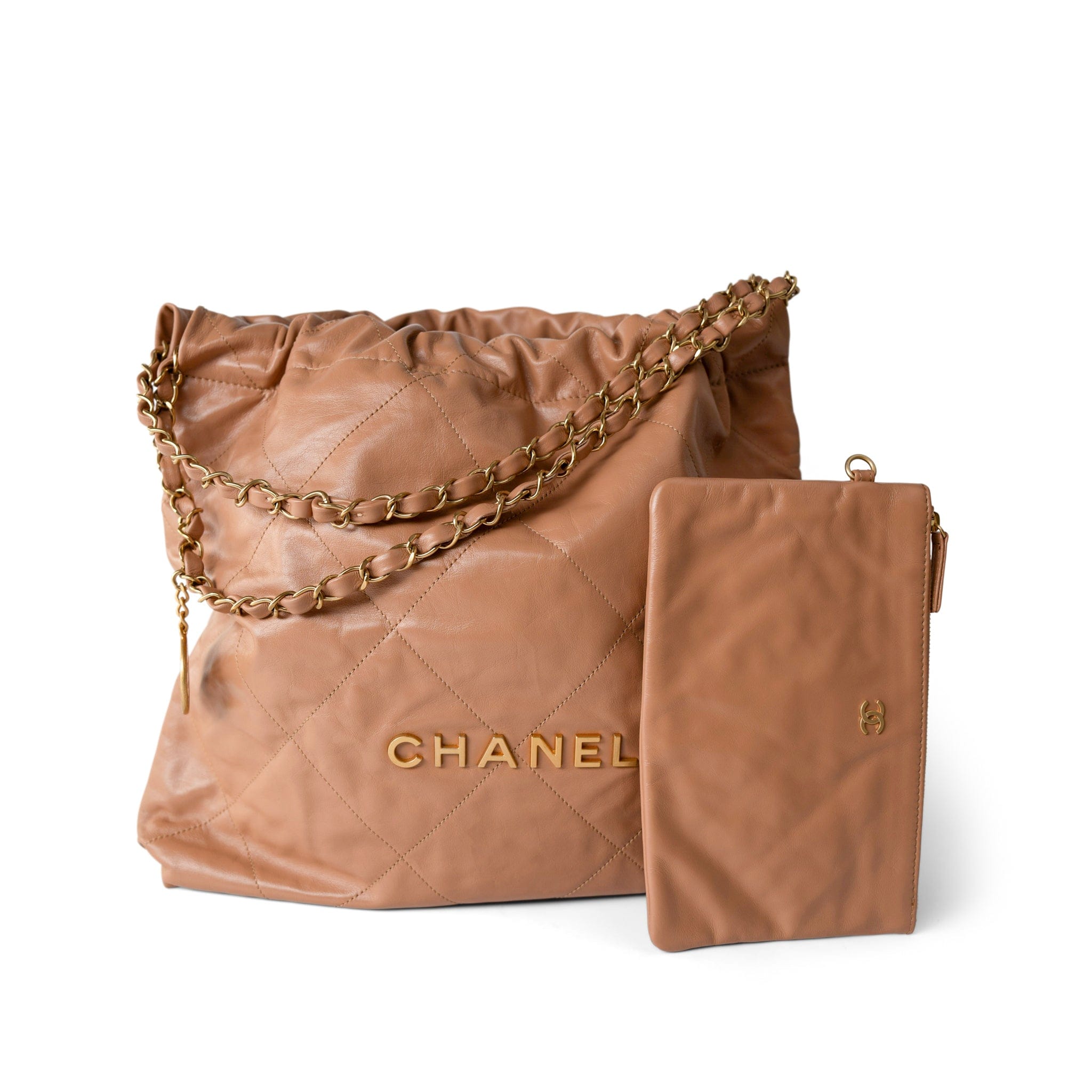 CHANEL Handbag 22 / Caramel Caramel Calfskin Quilted 22 Hobo Bag Medium Antique Gold Hardware -Knockoff
