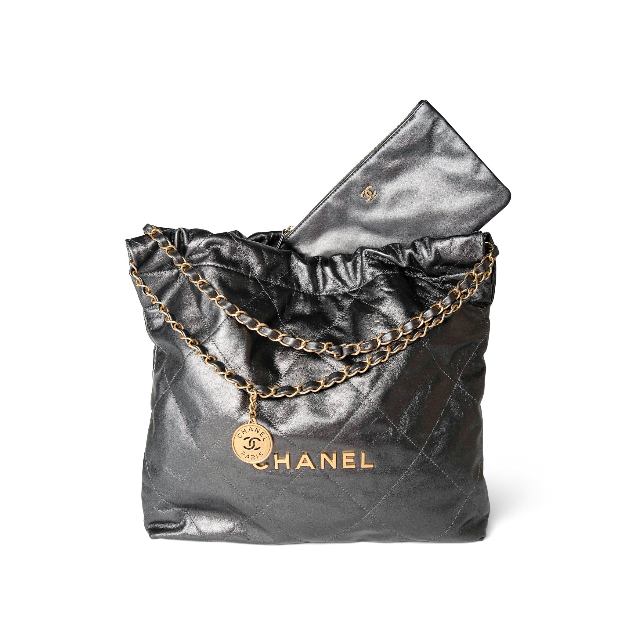 CHANEL Handbag 22 / Grey 22A Metallic Dark Grey Medium 22 Calfskin Quilted Hobo Bag Antique Gold Hardware -Knockoff
