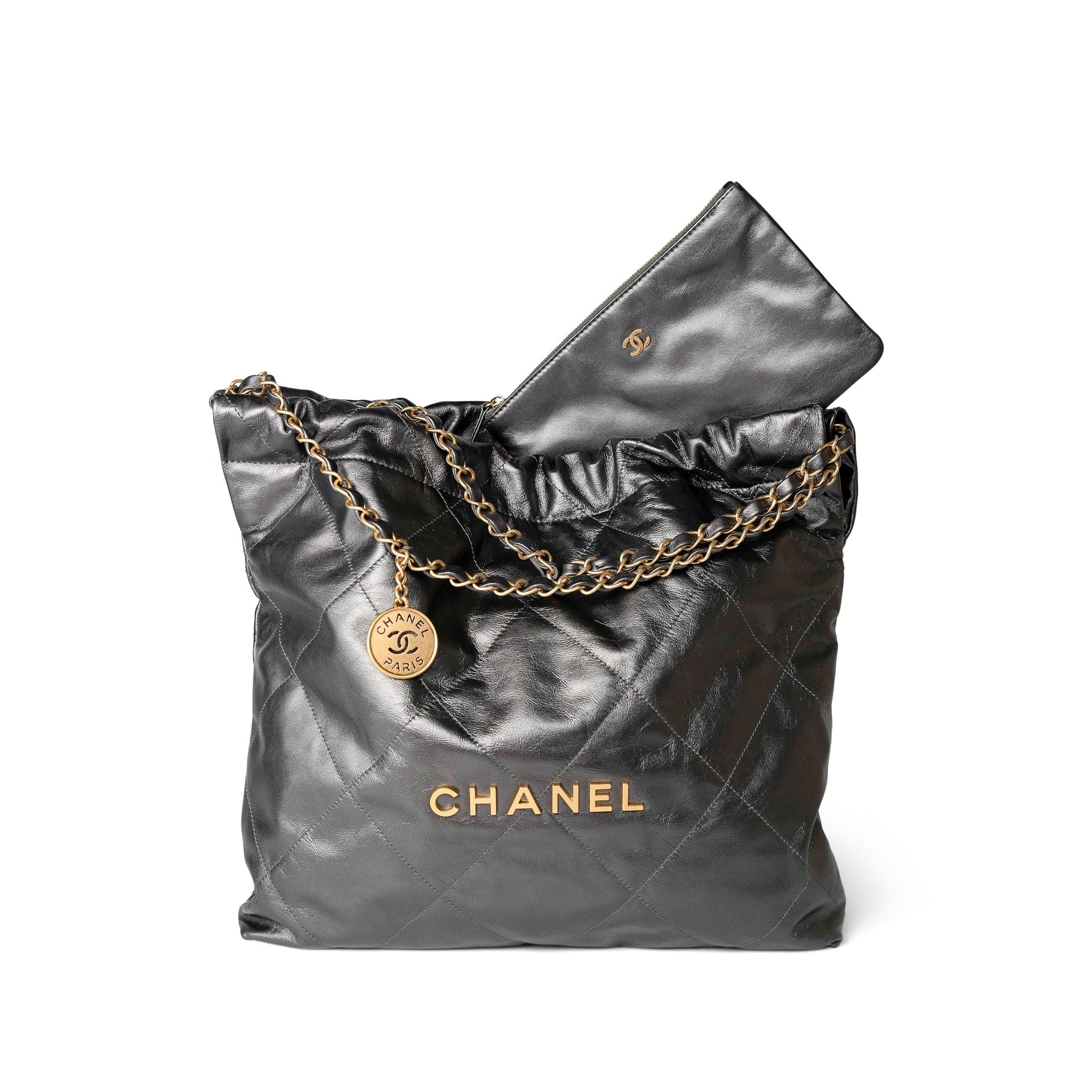 CHANEL Handbag 22 / Grey 22A Metallic Dark Grey Medium 22 Calfskin Quilted Hobo Bag Antique Gold Hardware -Knockoff
