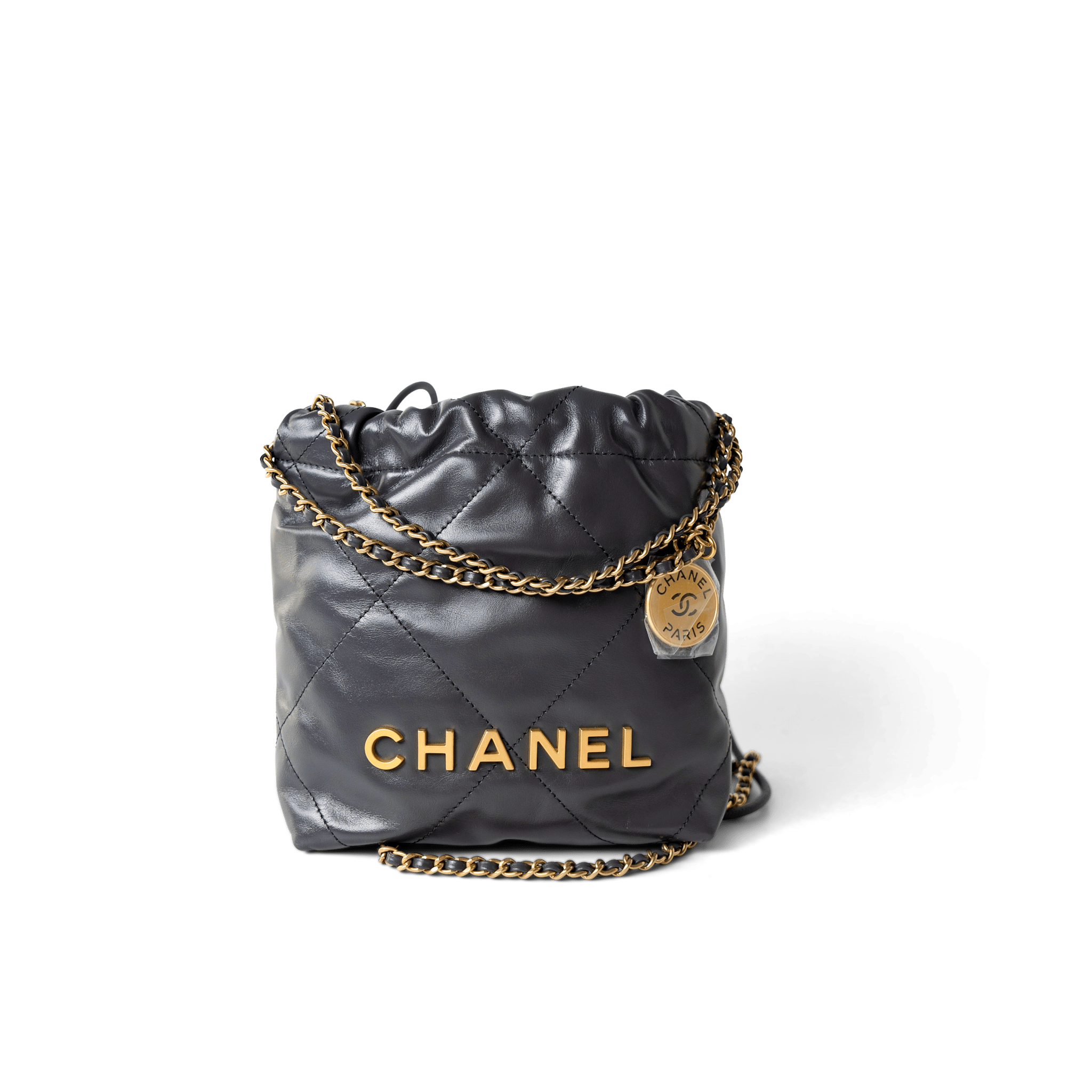 CHANEL Handbag 22 / Grey 23B Dark Grey Calfskin Quilted Mini 22 Bag Antique Gold Hardware -Knockoff
