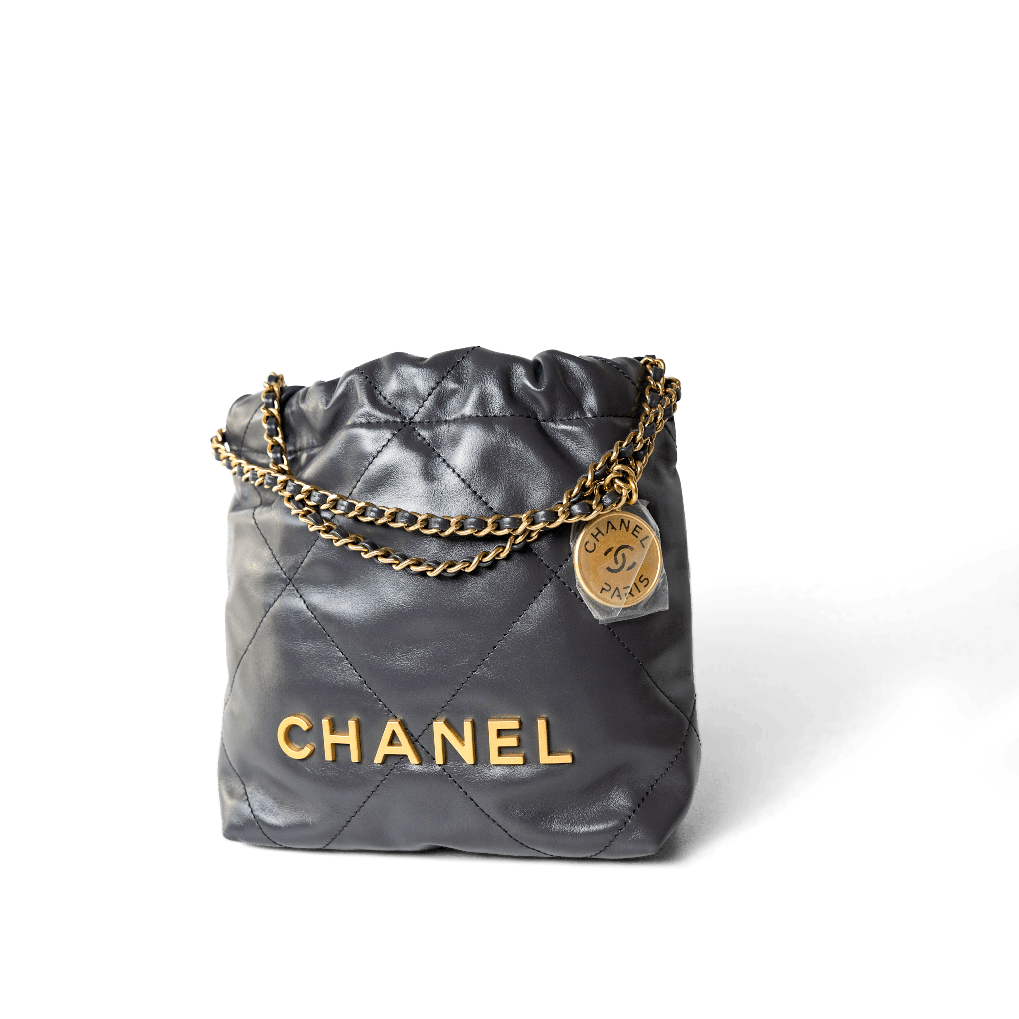 CHANEL Handbag 22 / Grey 23B Dark Grey Calfskin Quilted Mini 22 Bag Antique Gold Hardware -Knockoff
