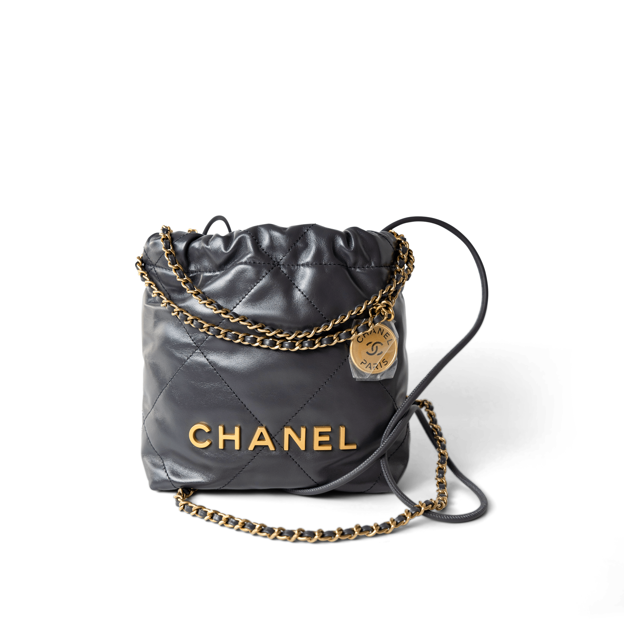 CHANEL Handbag 22 / Grey 23B Dark Grey Calfskin Quilted Mini 22 Bag Antique Gold Hardware -Knockoff
