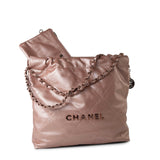 CHANEL Handbag 22A Metallic Pink / Rose Calfskin Quilted 22 Bag Drawstring Bag Small Rose Gold Hardware -Knockoff
