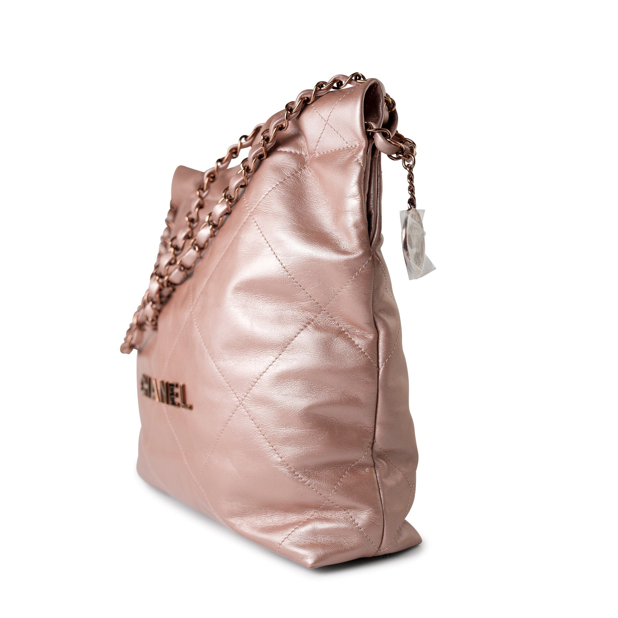 CHANEL Handbag 22A Metallic Pink / Rose Calfskin Quilted 22 Bag Drawstring Bag Small Rose Gold Hardware -Knockoff
