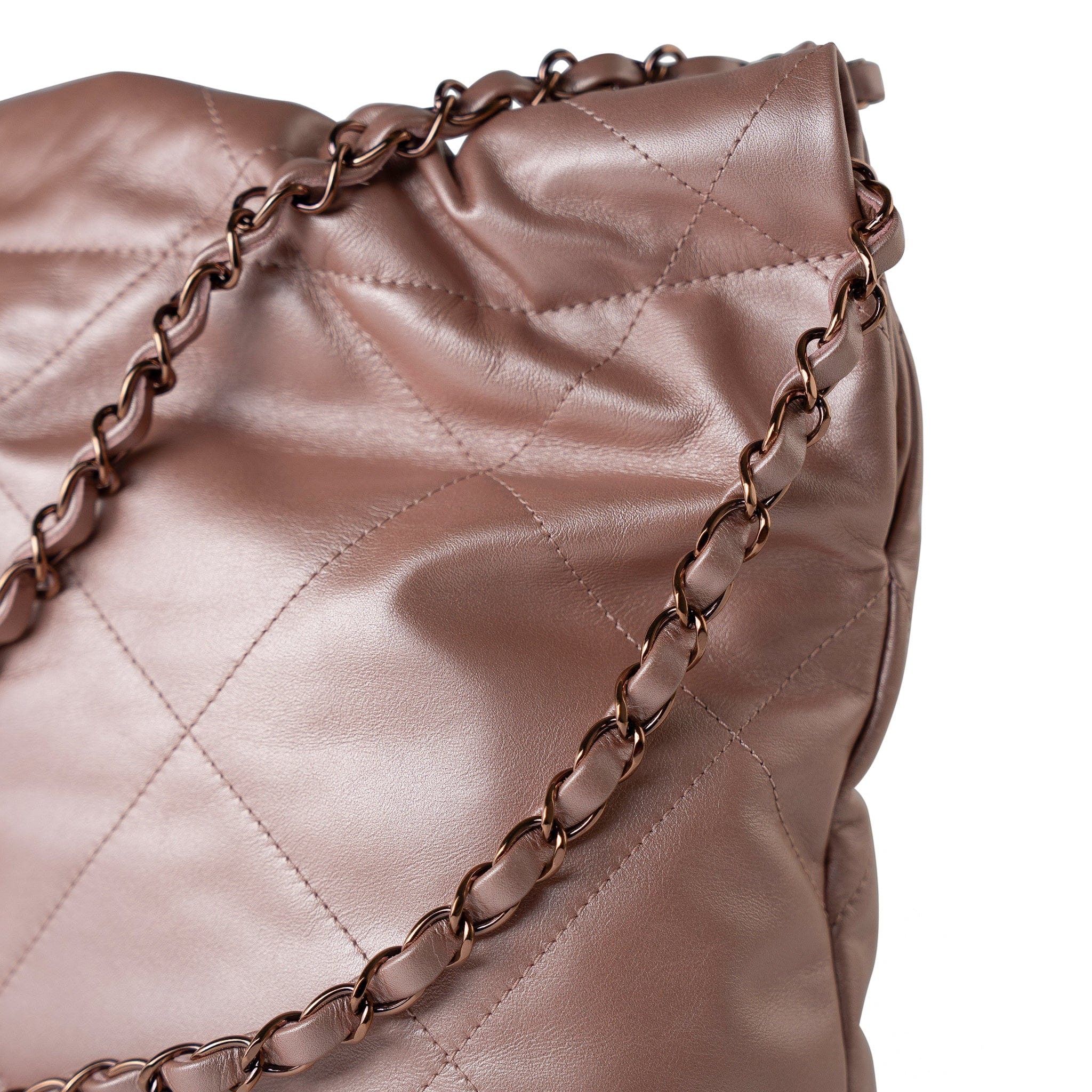 CHANEL Handbag 22A Metallic Pink / Rose Calfskin Quilted 22 Bag Drawstring Bag Small Rose Gold Hardware -Knockoff
