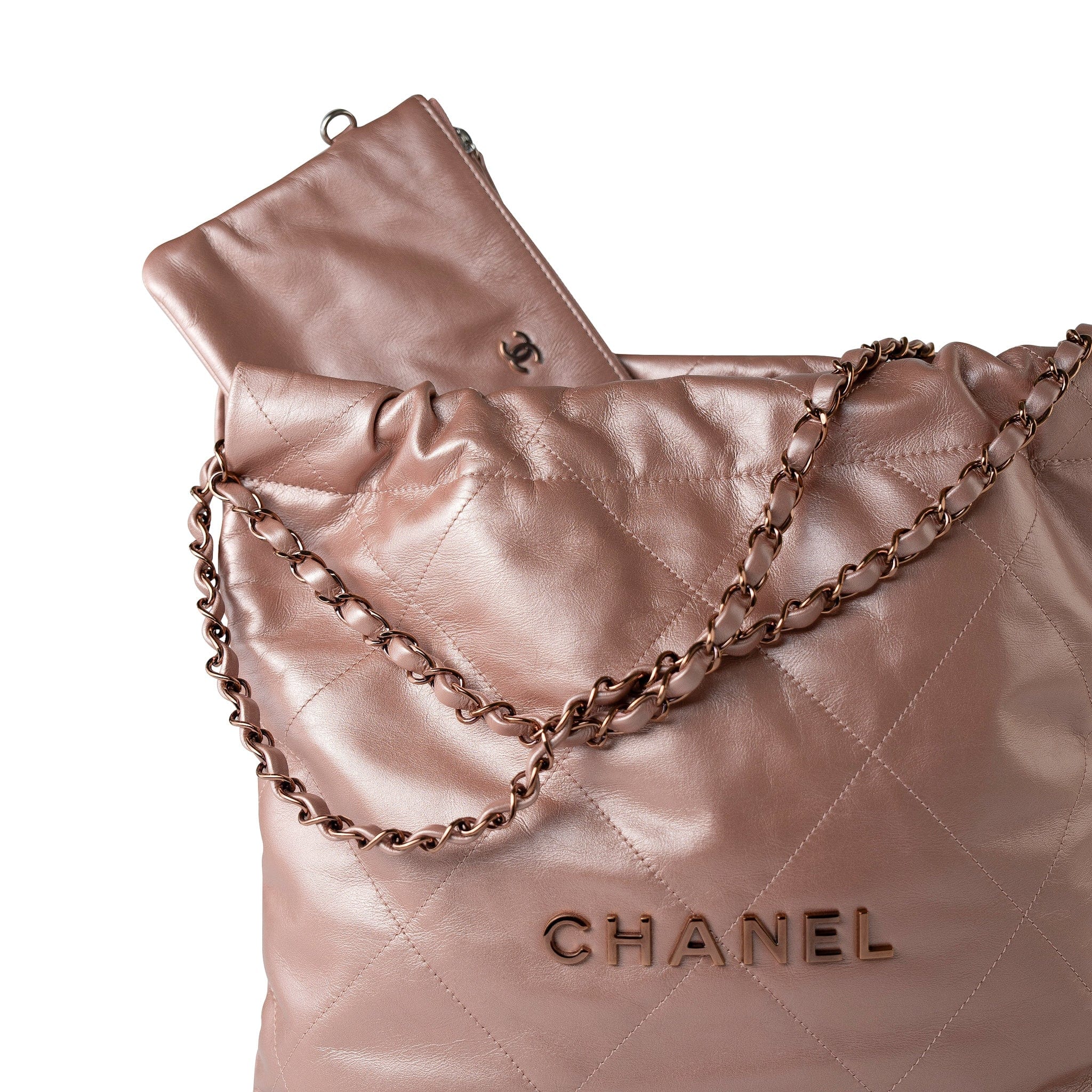 CHANEL Handbag 22A Metallic Pink / Rose Calfskin Quilted 22 Bag Drawstring Bag Small Rose Gold Hardware -Knockoff
