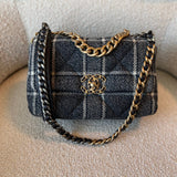 CHANEL Handbag 22A Navy Blue Ecru Tweed Quilted 19 Flap Small Mixed Hardware -Knockoff
