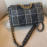 CHANEL Handbag 22A Navy Blue Ecru Tweed Quilted 19 Flap Small Mixed Hardware -Knockoff
