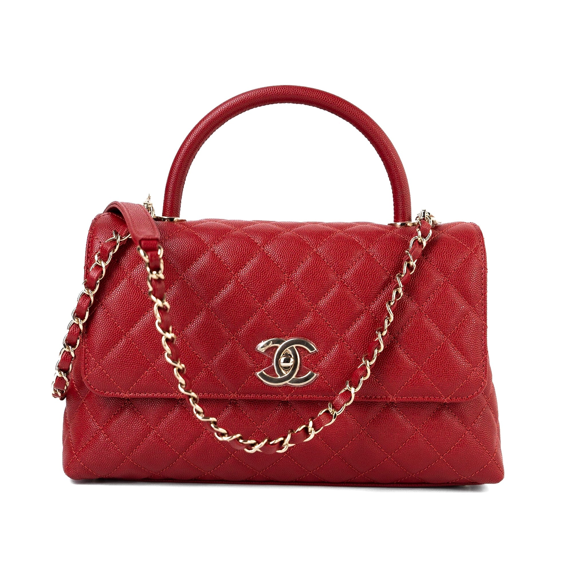 CHANEL Handbag 22K Red Caviar Quilted Coco Handle Medium (Old Small) Light Gold Hardware -Knockoff
