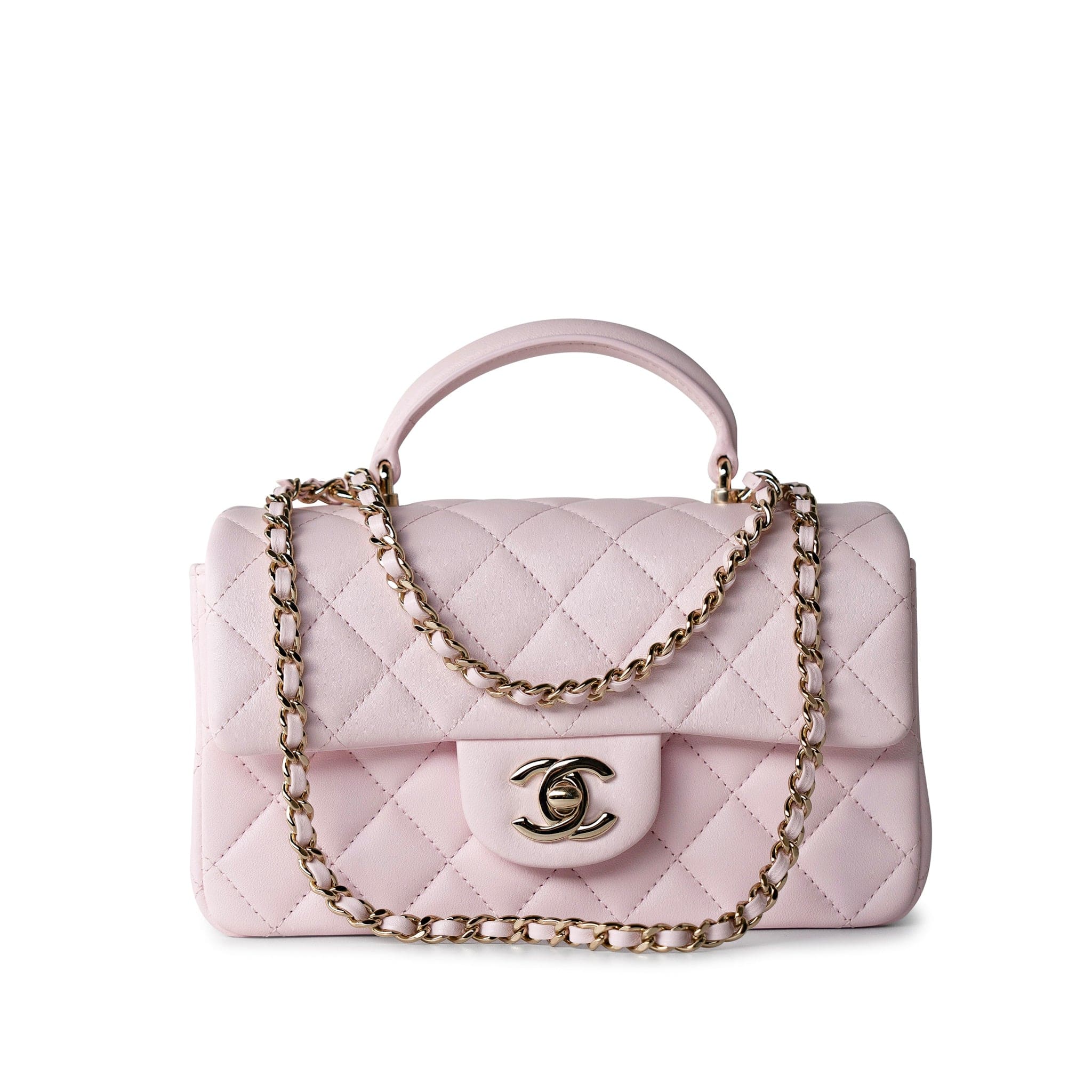 CHANEL Handbag 22P Light Pink Mini Top Handle Lambskin Quilted Light Gold Hardware -Knockoff
