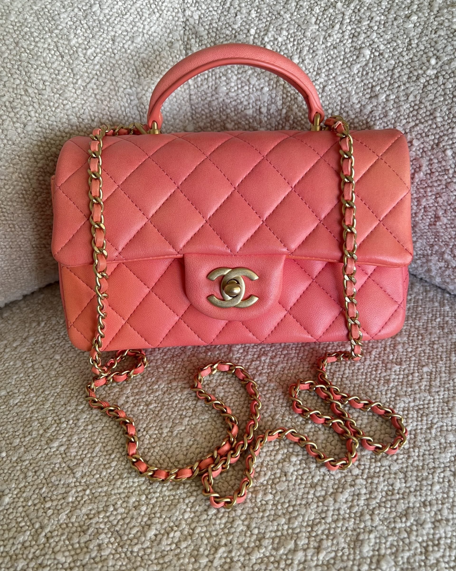 CHANEL Handbag 22P Pink/Orange Mini Lambskin Quilted with Top handle Rectangular LGHW -Knockoff
