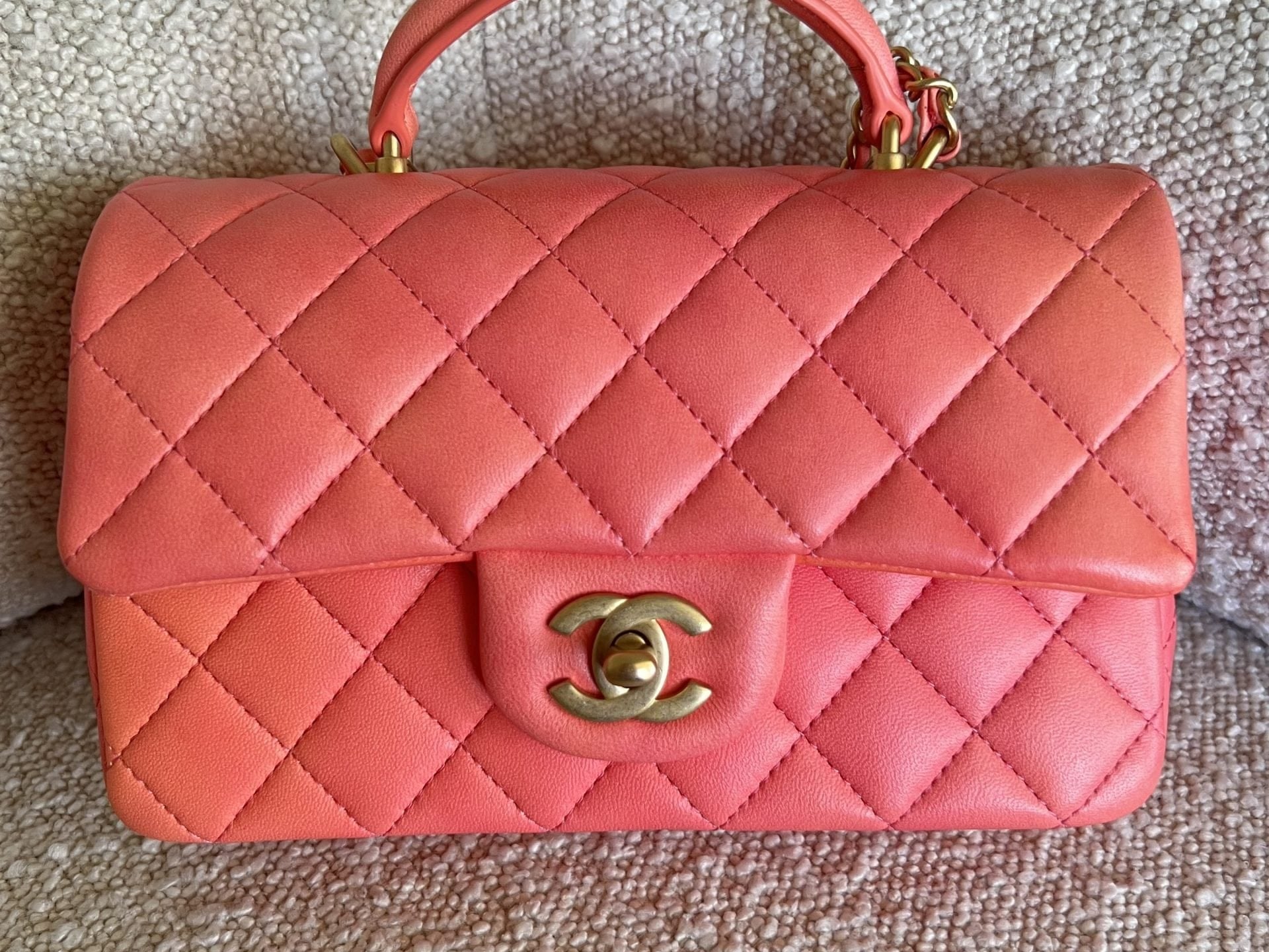 CHANEL Handbag 22P Pink/Orange Mini Lambskin Quilted with Top handle Rectangular LGHW -Knockoff
