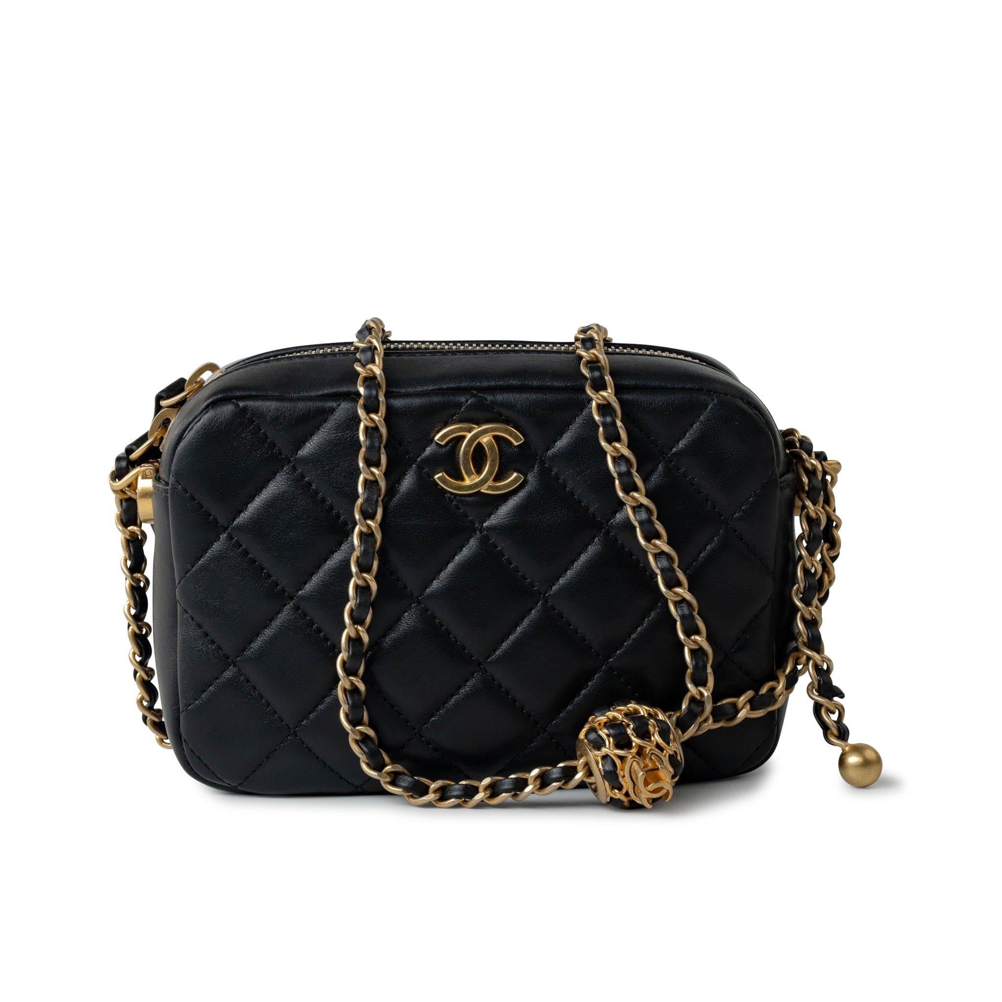 CHANEL Handbag 22S Black Lambskin Quilted Camera Case Aged Gold Hardware / Gold Interior -Knockoff
