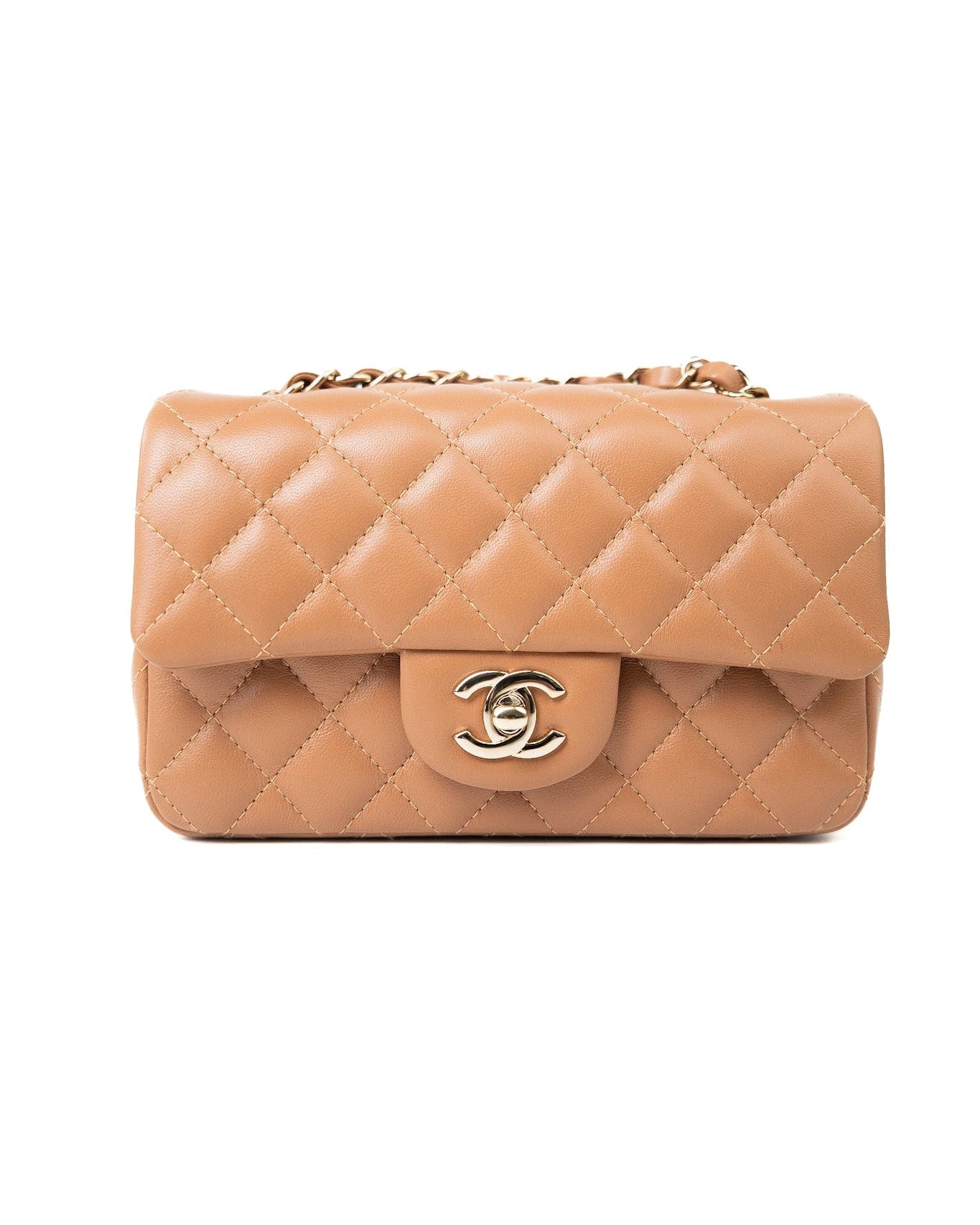 CHANEL Handbag 22S Caramel Lambskin Quilted Mini Rectangular Single Flap Light Gold Hardware -Knockoff
