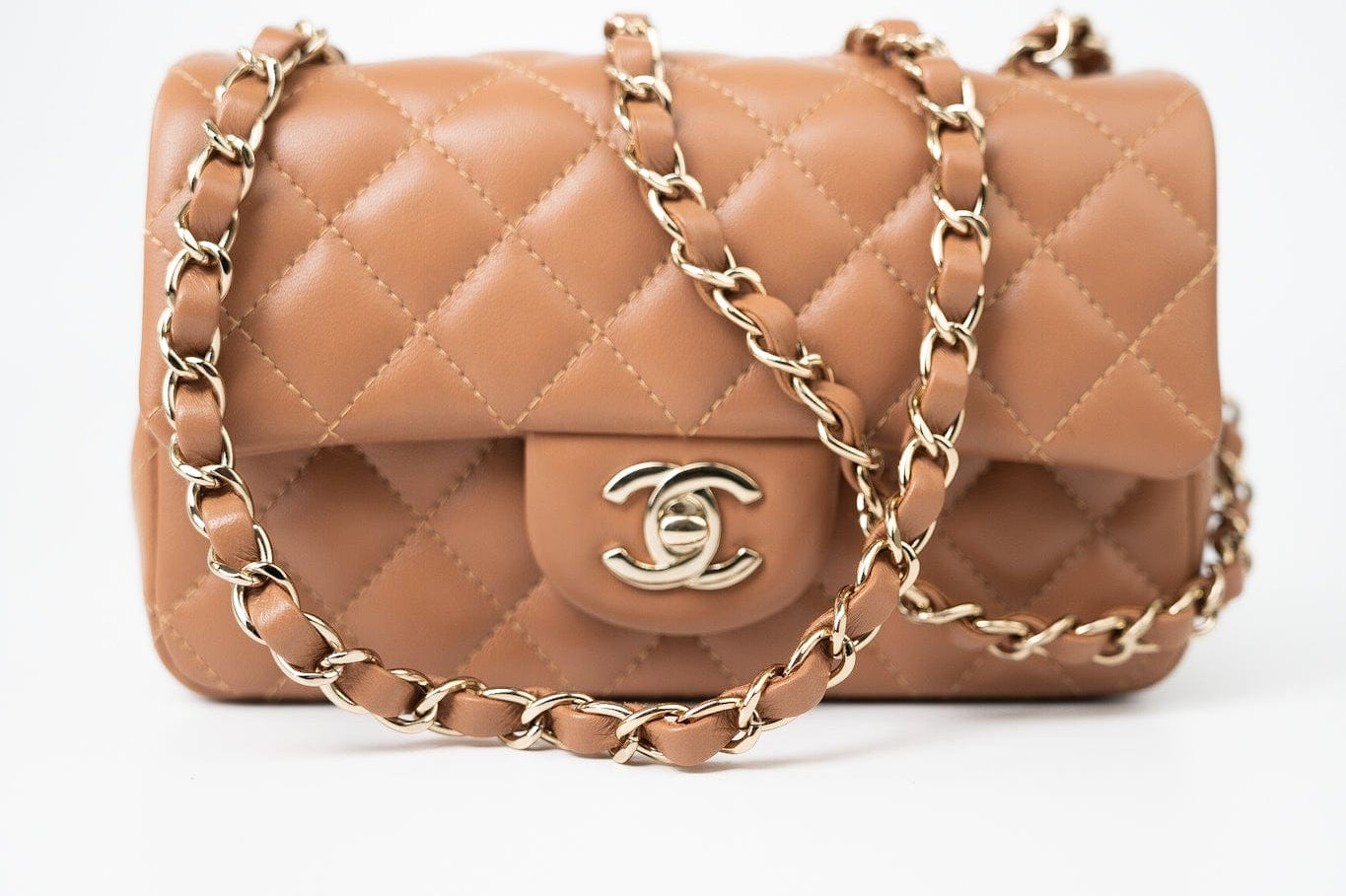 CHANEL Handbag 22S Caramel Lambskin Quilted Mini Rectangular Single Flap Light Gold Hardware -Knockoff
