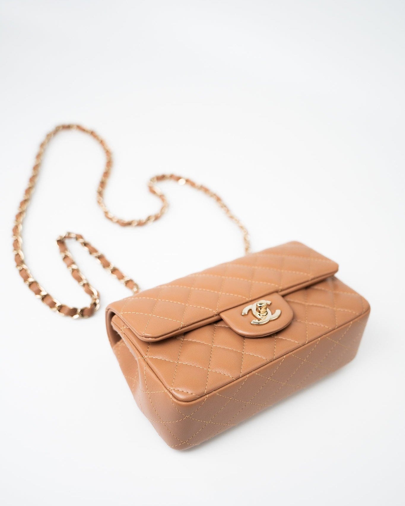 CHANEL Handbag 22S Caramel Lambskin Quilted Mini Rectangular Single Flap Light Gold Hardware -Knockoff
