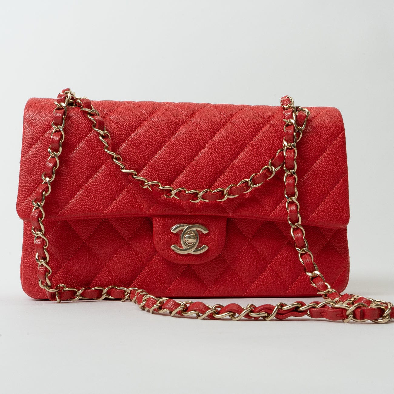 CHANEL Handbag 22S Red Caviar Quilted Classic Double Flap Medium Light Gold Hardware -Knockoff
