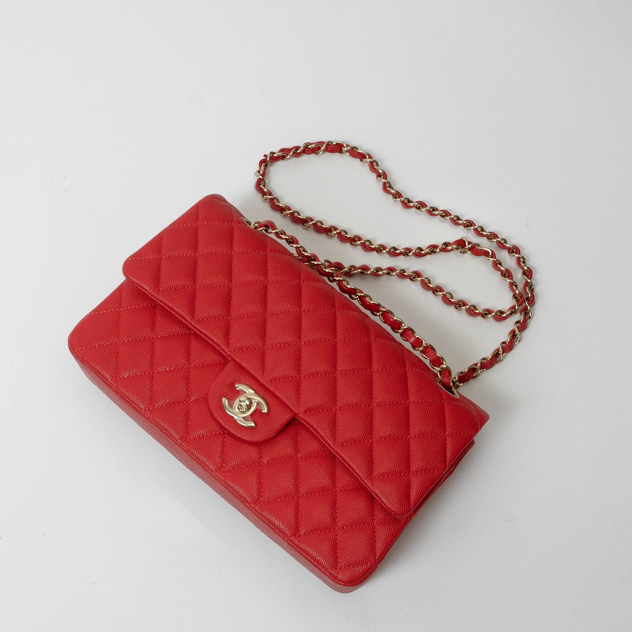 CHANEL Handbag 22S Red Caviar Quilted Classic Double Flap Medium Light Gold Hardware -Knockoff
