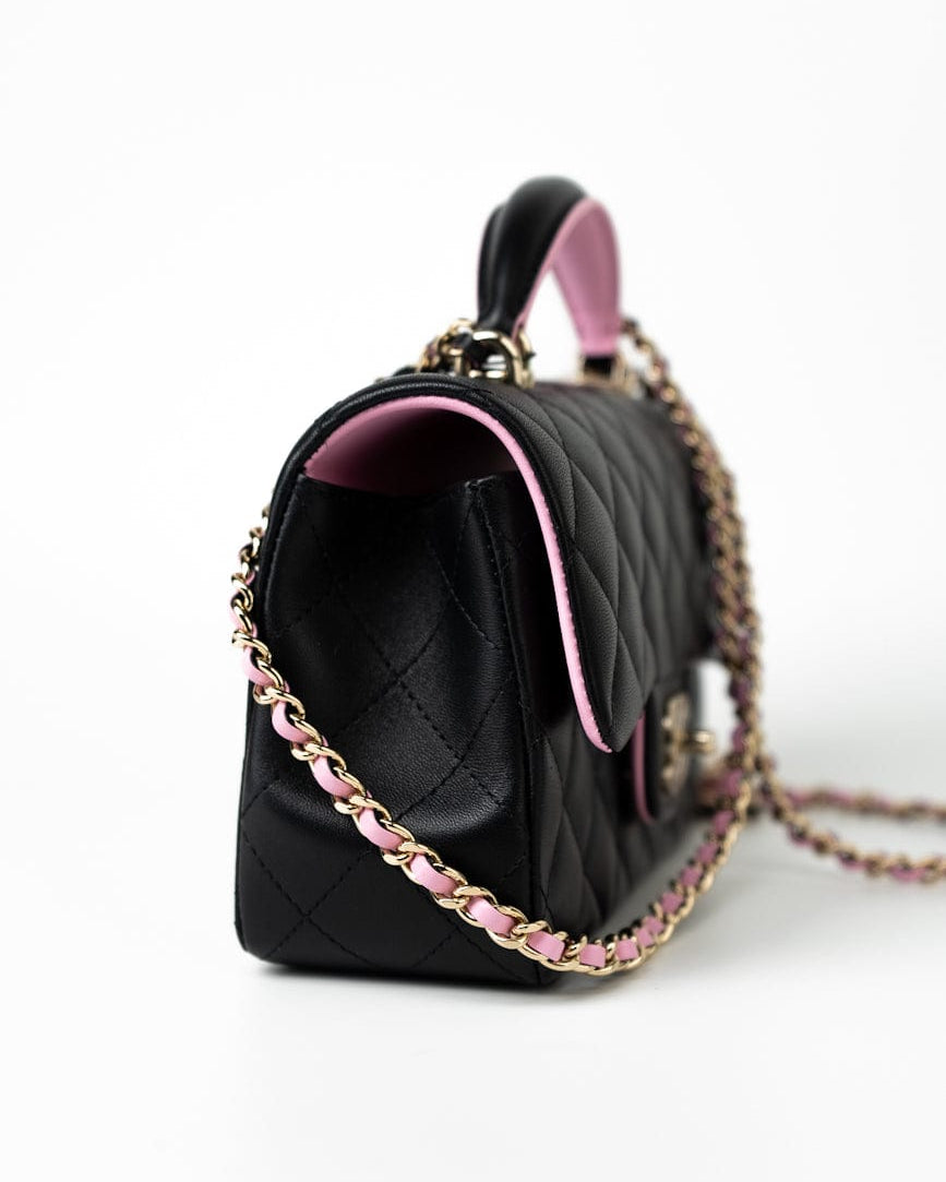 CHANEL Handbag 23P Mini Top Handle Black/Pink Lambskin Quilted w/ Light Gold Hardware -Knockoff
