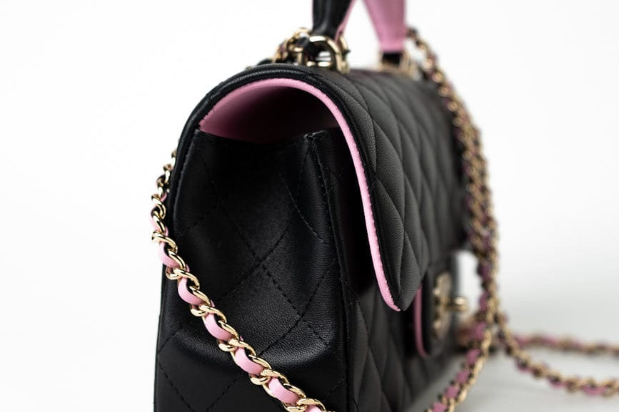 CHANEL Handbag 23P Mini Top Handle Black/Pink Lambskin Quilted w/ Light Gold Hardware -Knockoff
