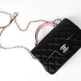 CHANEL Handbag 23P Mini Top Handle Black/Pink Lambskin Quilted w/ Light Gold Hardware -Knockoff
