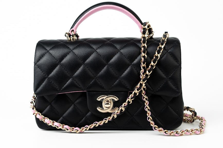 CHANEL Handbag 23P Mini Top Handle Black/Pink Lambskin Quilted w/ Light Gold Hardware -Knockoff
