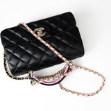 CHANEL Handbag 23P Mini Top Handle Black/Pink Lambskin Quilted w/ Light Gold Hardware -Knockoff
