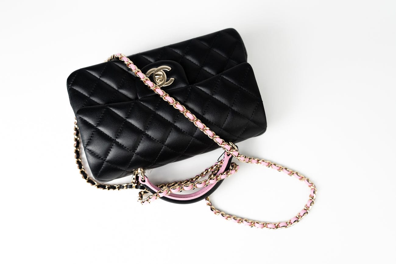 CHANEL Handbag 23P Mini Top Handle Black/Pink Lambskin Quilted w/ Light Gold Hardware -Knockoff
