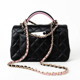 CHANEL Handbag 23P Mini Top Handle Black/Pink Lambskin Quilted w/ Light Gold Hardware -Knockoff
