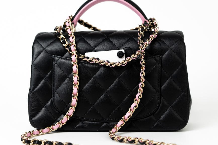 CHANEL Handbag 23P Mini Top Handle Black/Pink Lambskin Quilted w/ Light Gold Hardware -Knockoff
