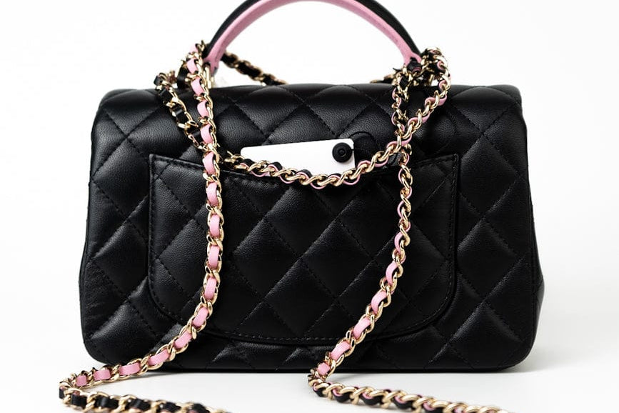 CHANEL Handbag 23P Mini Top Handle Black/Pink Lambskin Quilted w/ Light Gold Hardware -Knockoff
