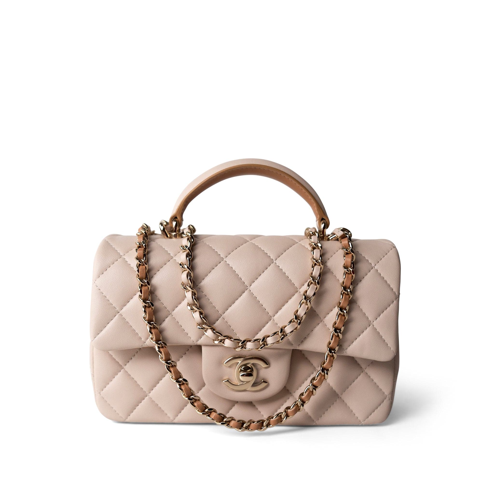 CHANEL Handbag Beige 22C Light Beige / Beige Lambskin Quilted Mini Top Handle Light Gold Hardware -Knockoff
