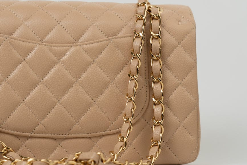 CHANEL Handbag Beige Clair Caviar Quilted Classic Double Flap Medium Gold Hardware -Knockoff
