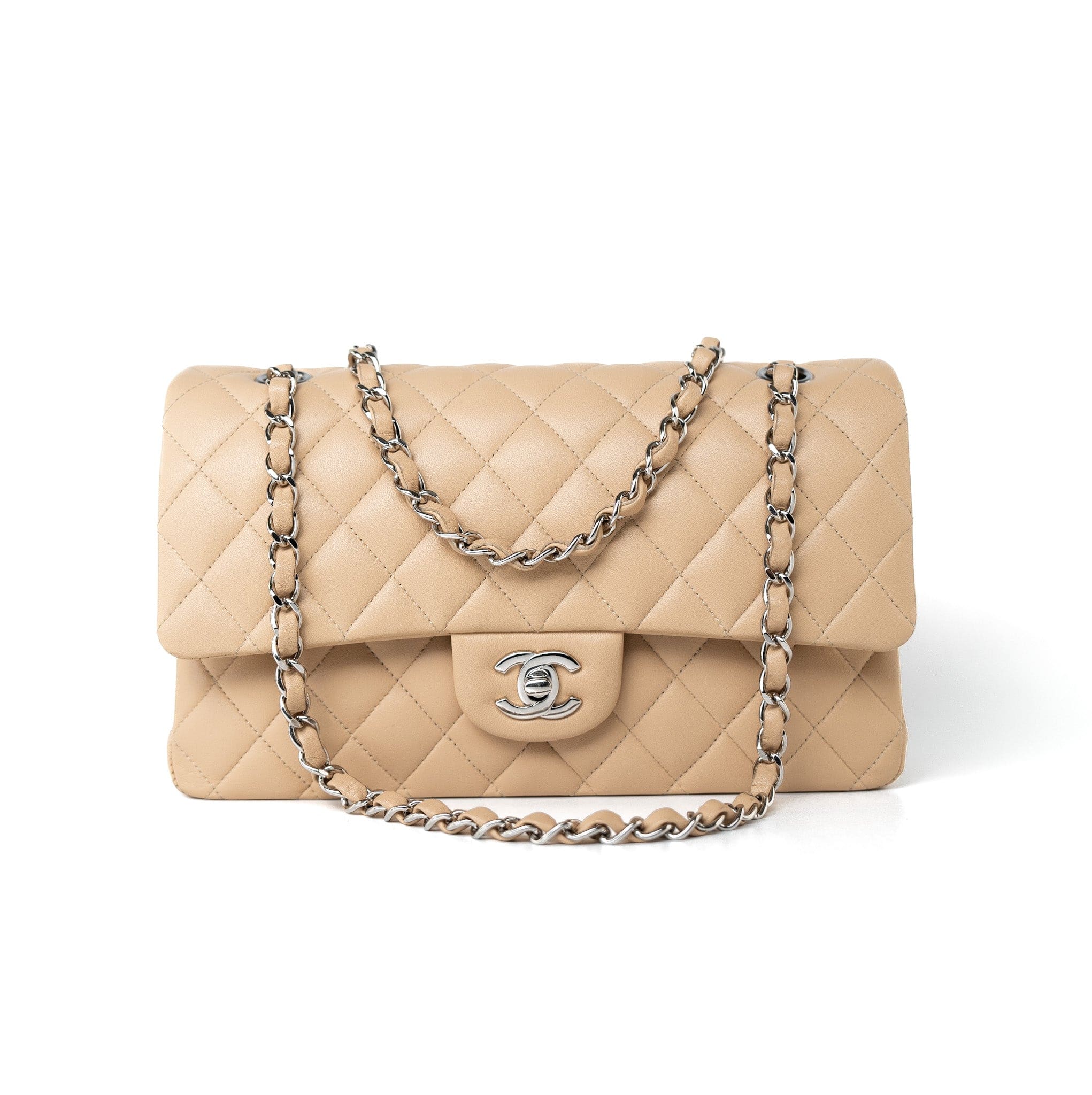 CHANEL Handbag Beige Clair Lambskin Quilted Classic Flap Medium Silver Hardware -Knockoff
