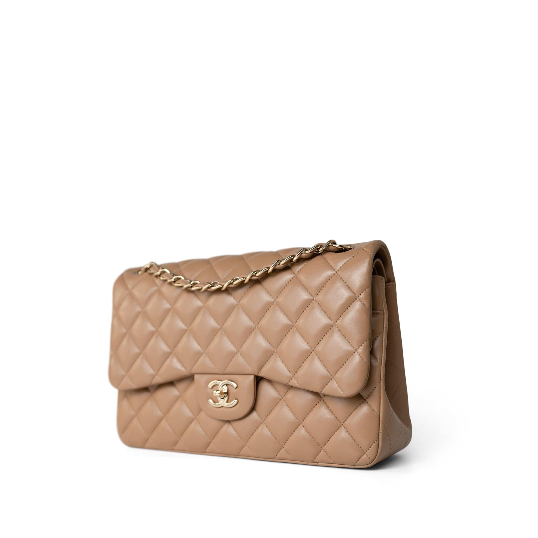 CHANEL Handbag Beige Dark Beige / Caramel Lambskin Quilted Jumbo Classic Flap Light Gold Hardware -Knockoff
