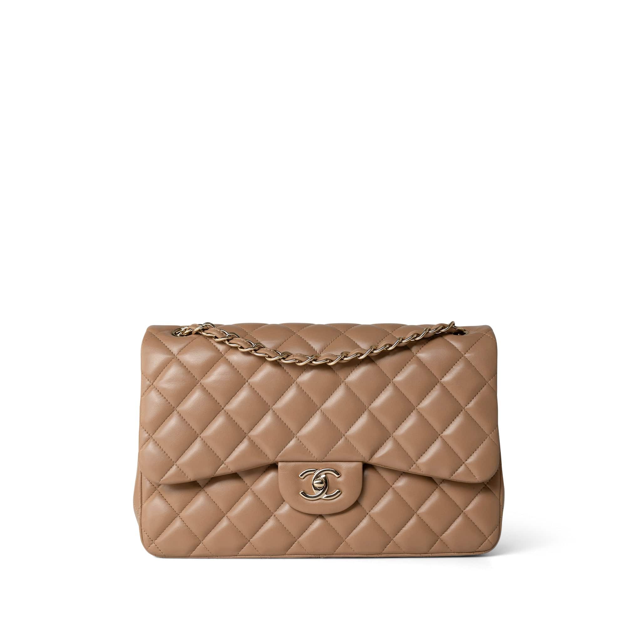 CHANEL Handbag Beige Dark Beige / Caramel Lambskin Quilted Jumbo Classic Flap Light Gold Hardware -Knockoff
