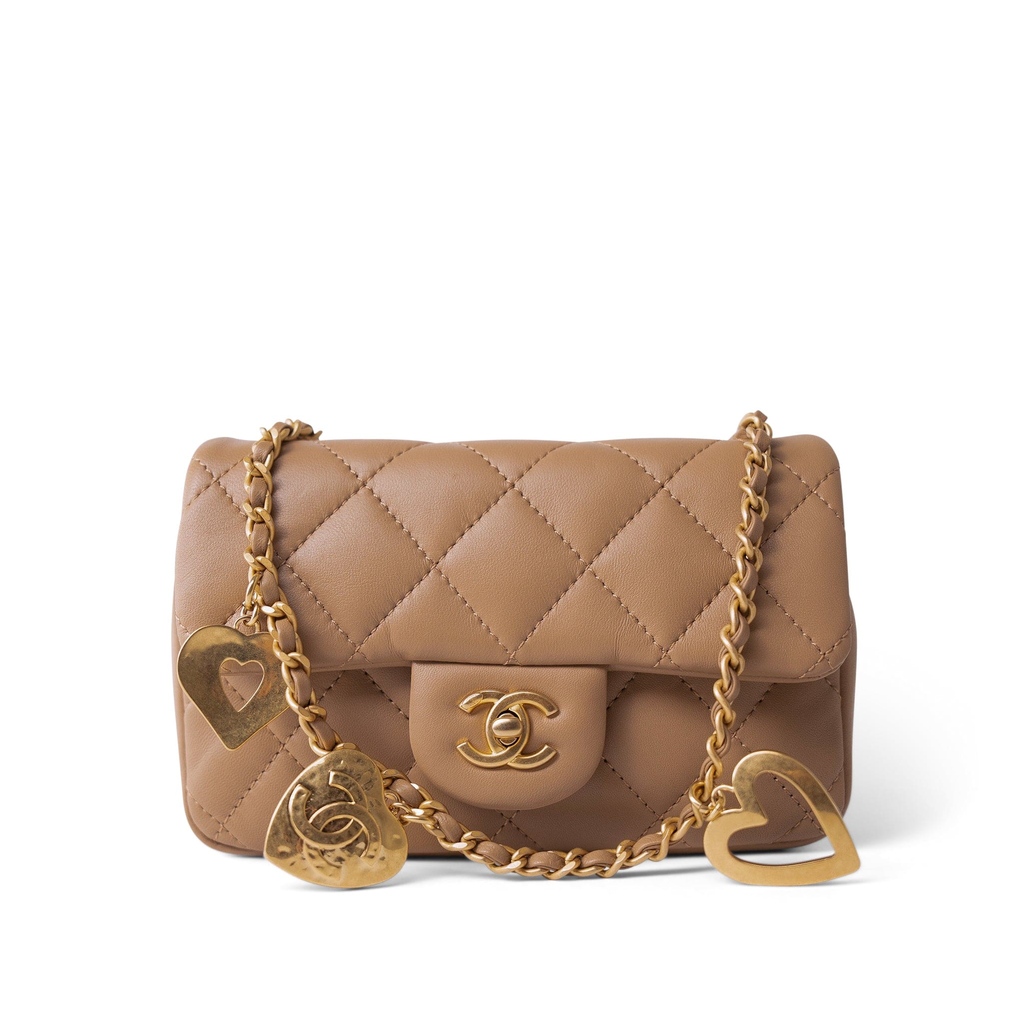 CHANEL Handbag Beige Dark Beige Lambskin Quilted Heart Charms Mini Flap Aged Gold Hardware -Knockoff
