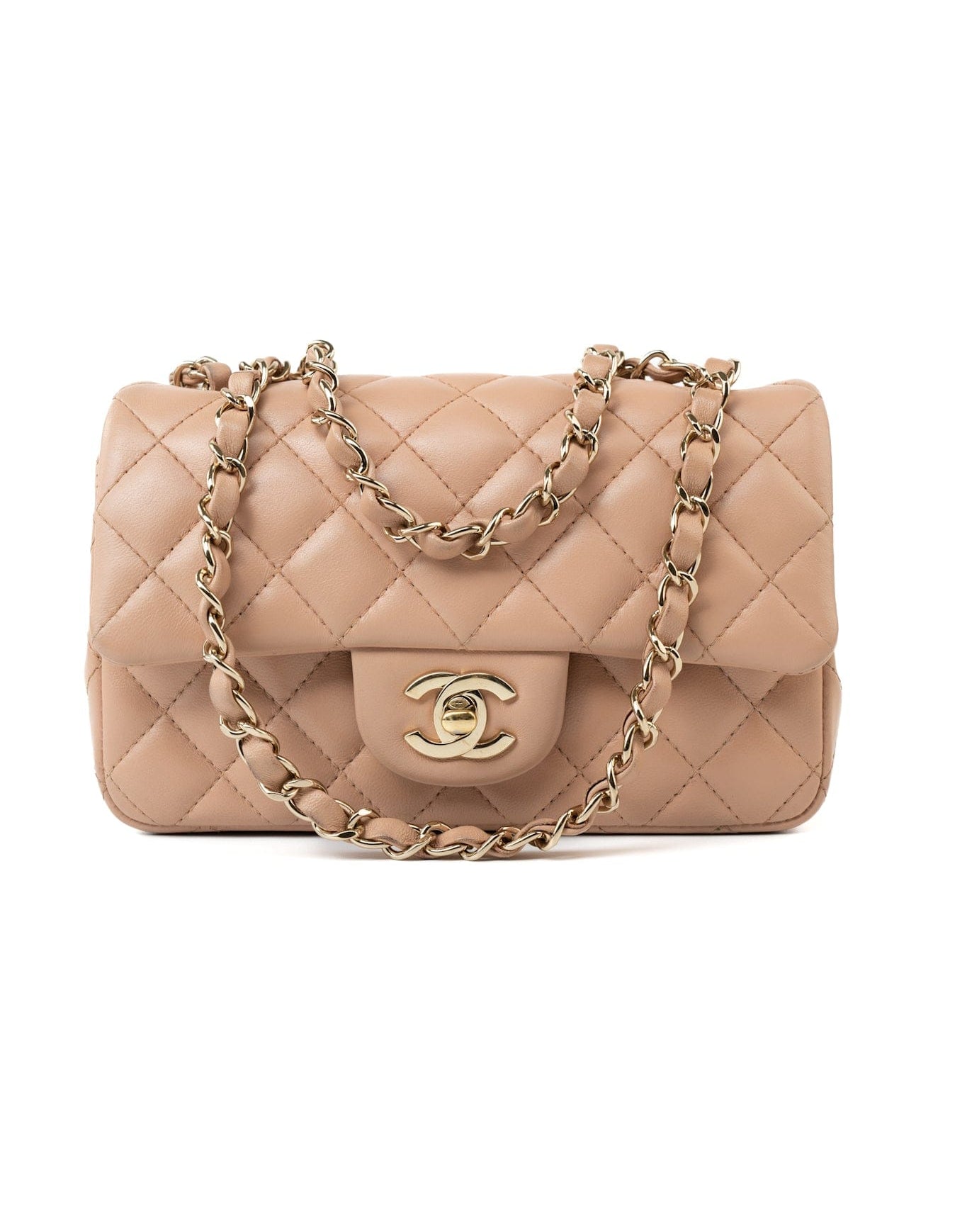 CHANEL Handbag Beige Lambskin Quilted Mini Rectangular Flap Light Gold Hardware -Knockoff
