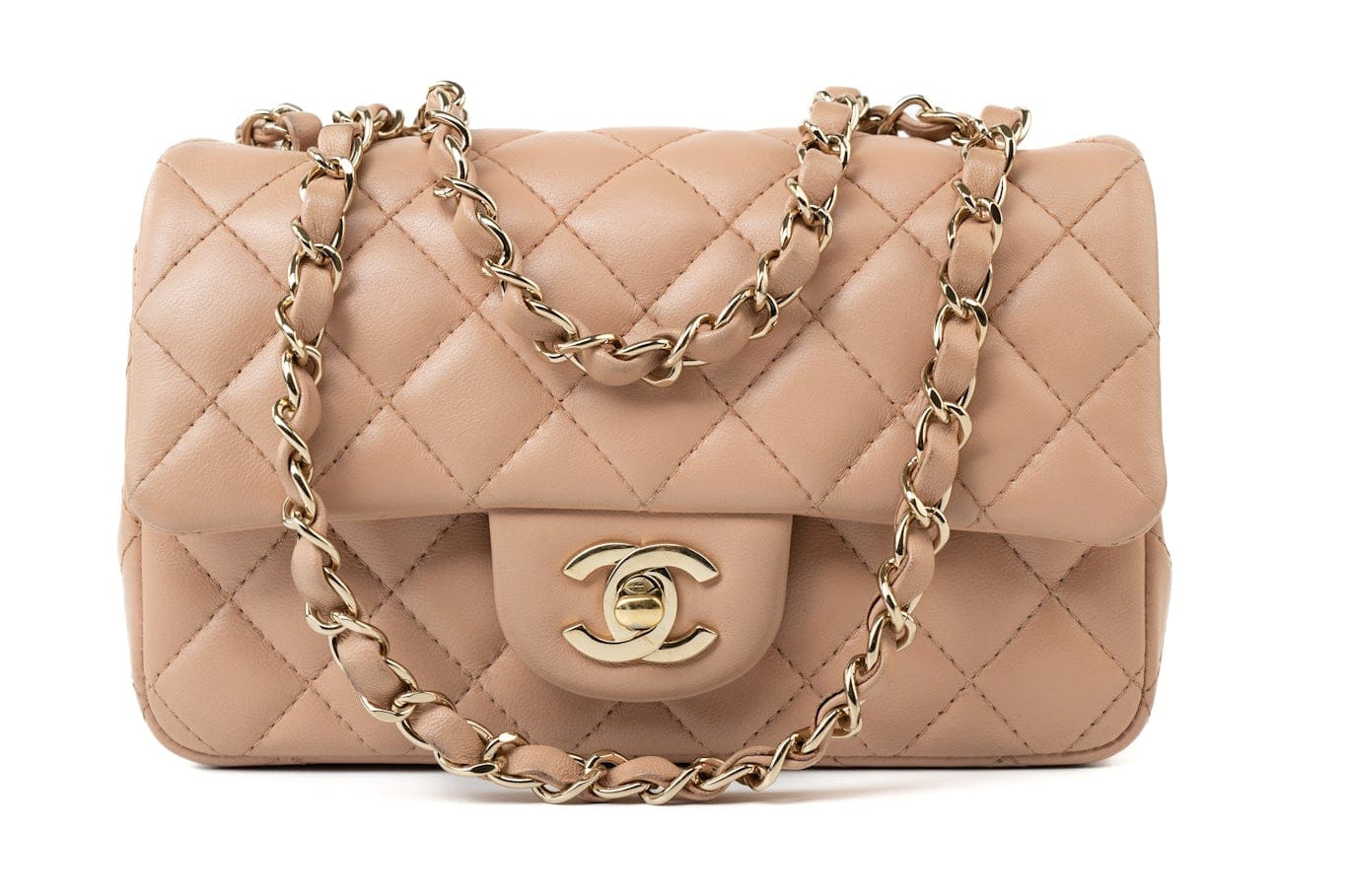 CHANEL Handbag Beige Lambskin Quilted Mini Rectangular Flap Light Gold Hardware -Knockoff
