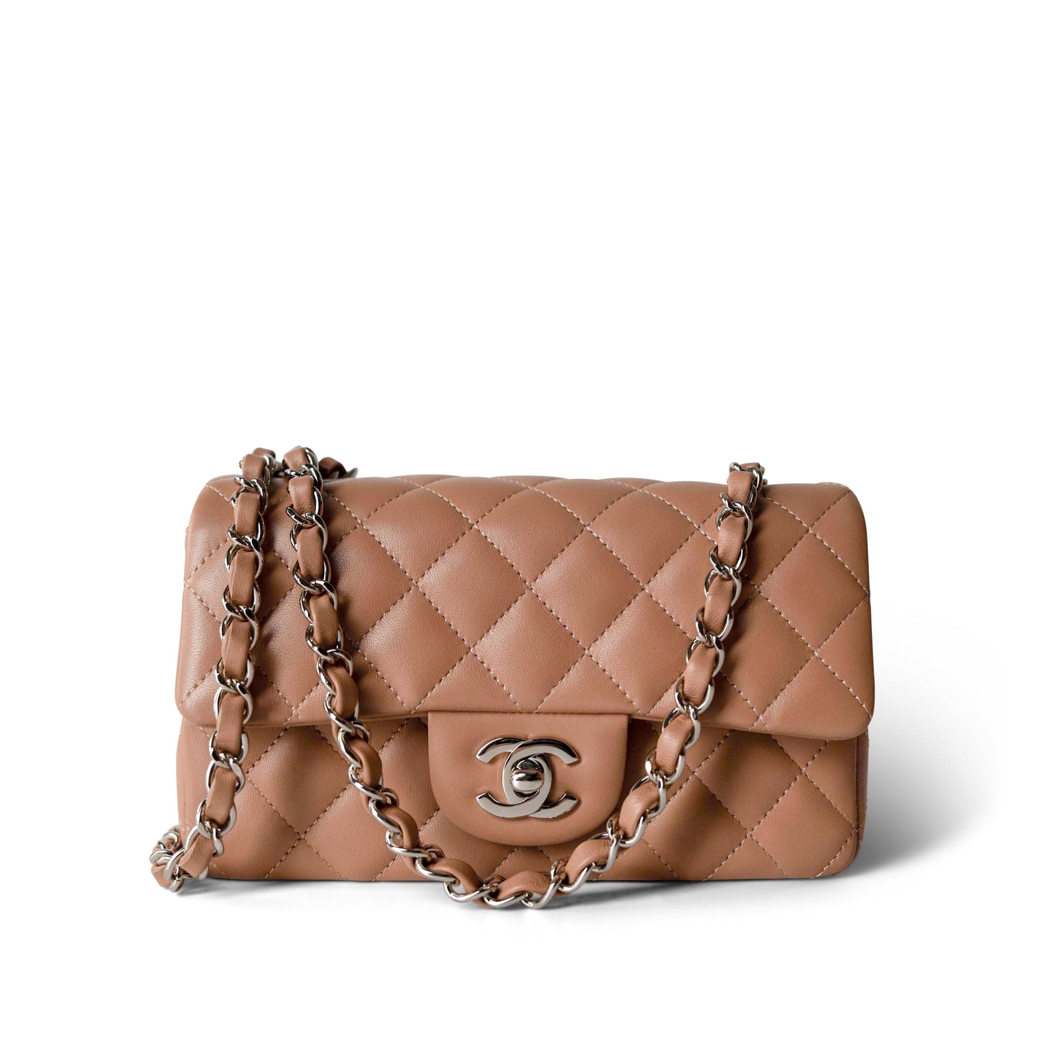 CHANEL Handbag Beige Light Caramel Quilted Mini Rectangular Silver Hardware -Knockoff
