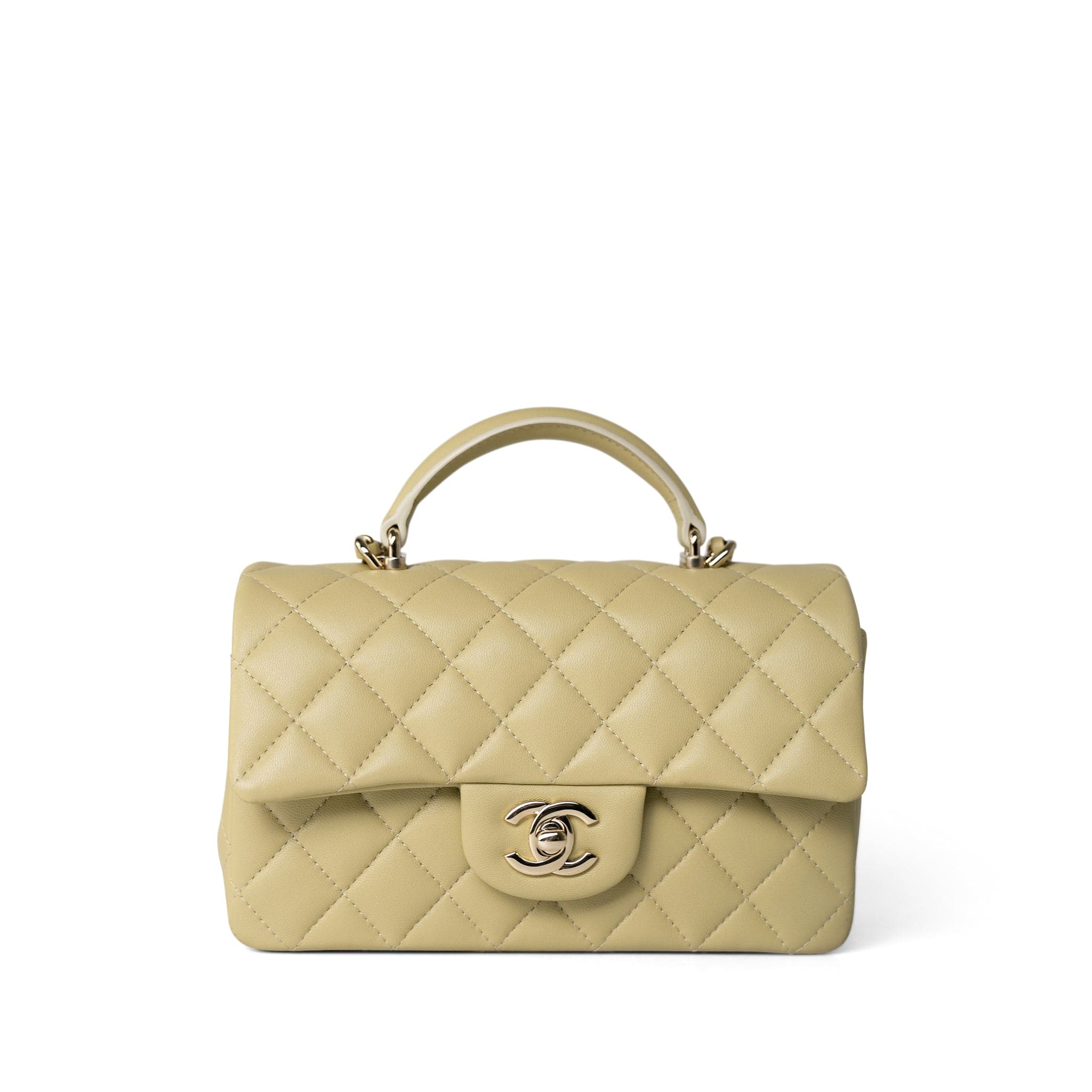 CHANEL Handbag Beige Pastel Yellow Lambskin Quilted Mini Top Handle Light Gold Hardware -Knockoff
