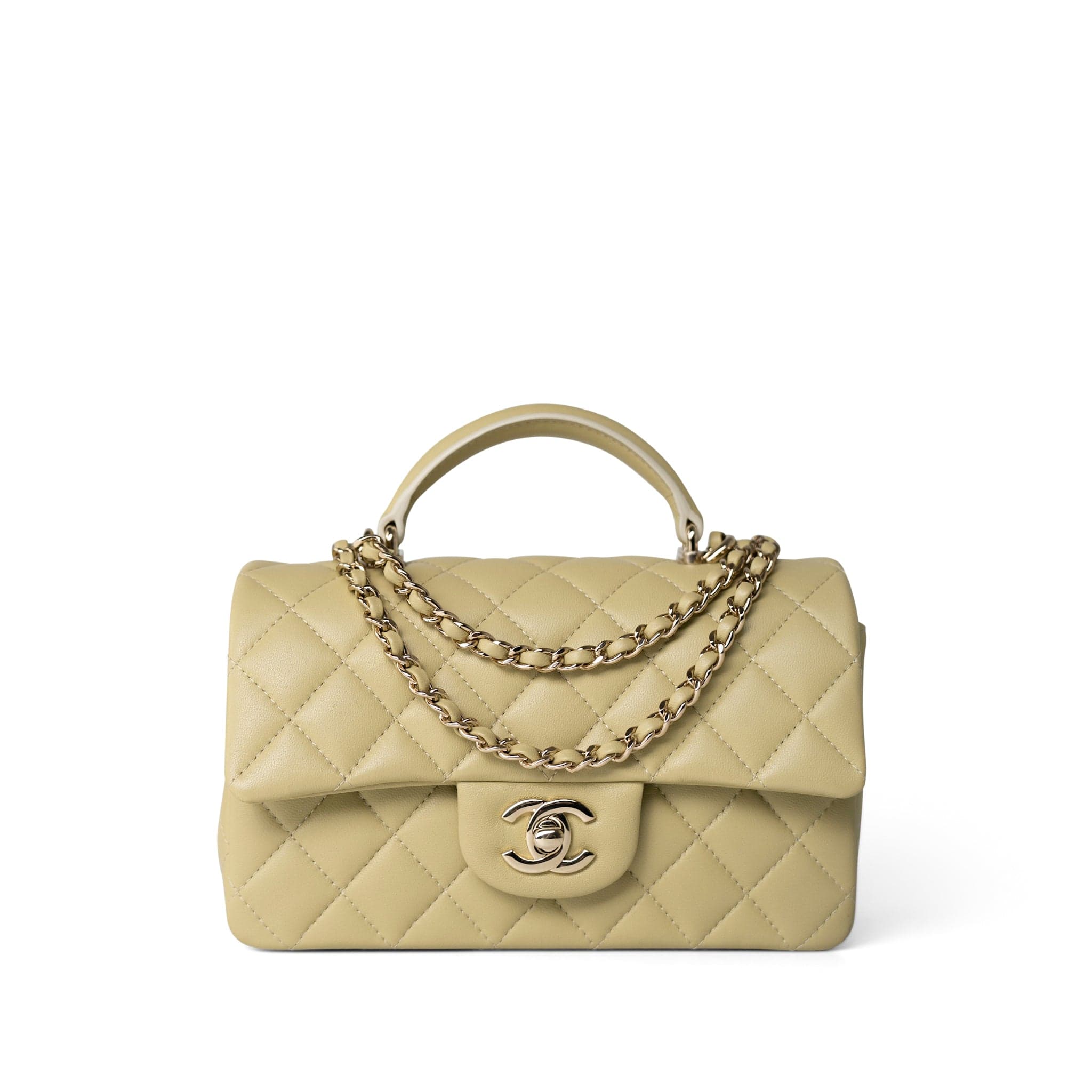 CHANEL Handbag Beige Pastel Yellow Lambskin Quilted Mini Top Handle Light Gold Hardware -Knockoff
