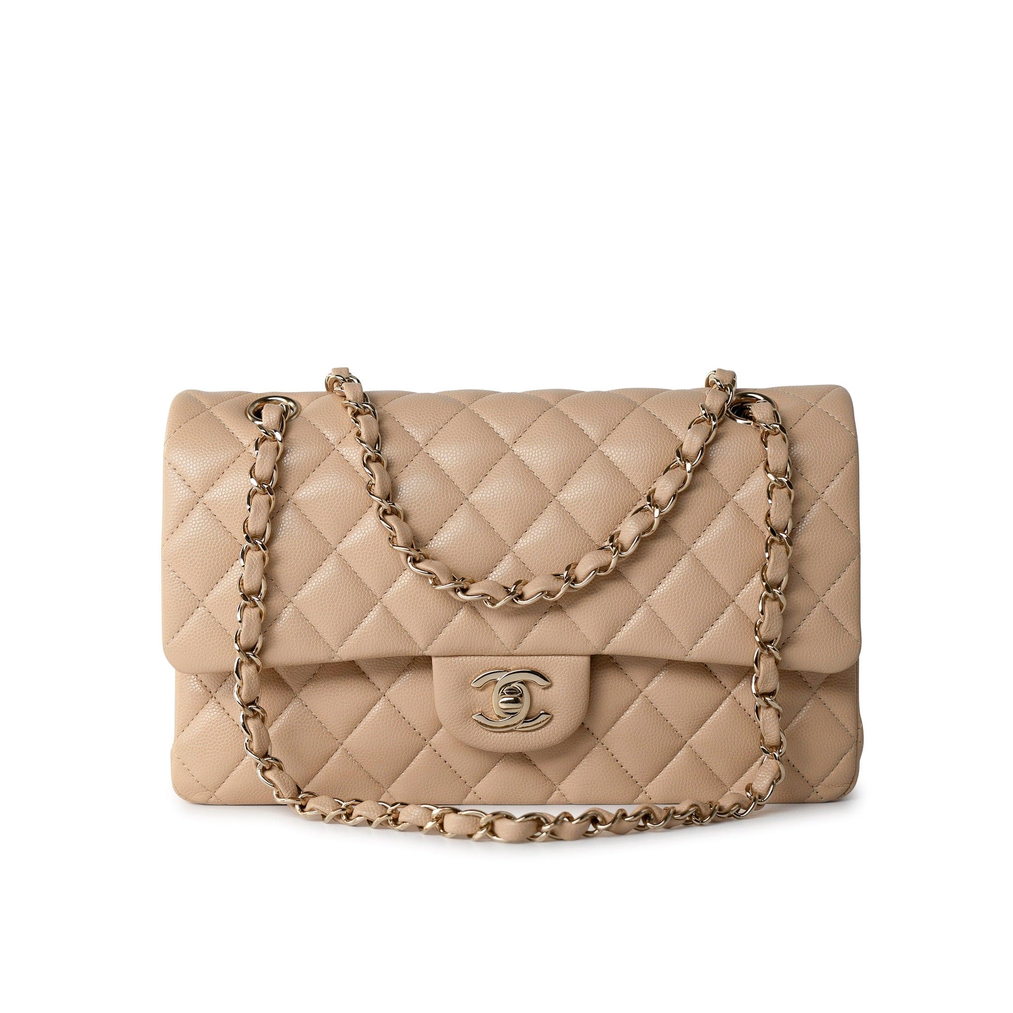 CHANEL Handbag Beige/Tan Caviar Quilted Classic Flap Medium Light Gold Hardware -Knockoff
